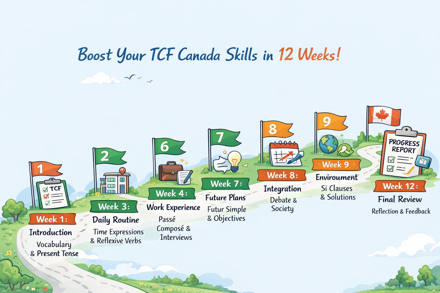 🇨🇦 Ready to improve your French and prepare for the TCF Canada exam?
Our 12-Week TCF Canada Program is designed to help you build the skills you need step by step — from essential vocabulary to real-world conversations.
Over 12 weeks, you’ll learn how to:
✔ Strengthen your French vocabulary and grammar
✔ Talk about daily life and work experience
✔ Express future plans and goals
✔ Participate in discussions and debates
✔ Master key structures like si clauses
✔ Prepare confidently for the TCF Canada exam
Whether you’re preparing for immigration, career opportunities, or personal growth, we’re here to support your journey.
📩 DM us to learn more or register.
#TCFCanada #LearnFrench #FrenchForImmigration #NewcomersCanada #FrenchLearning