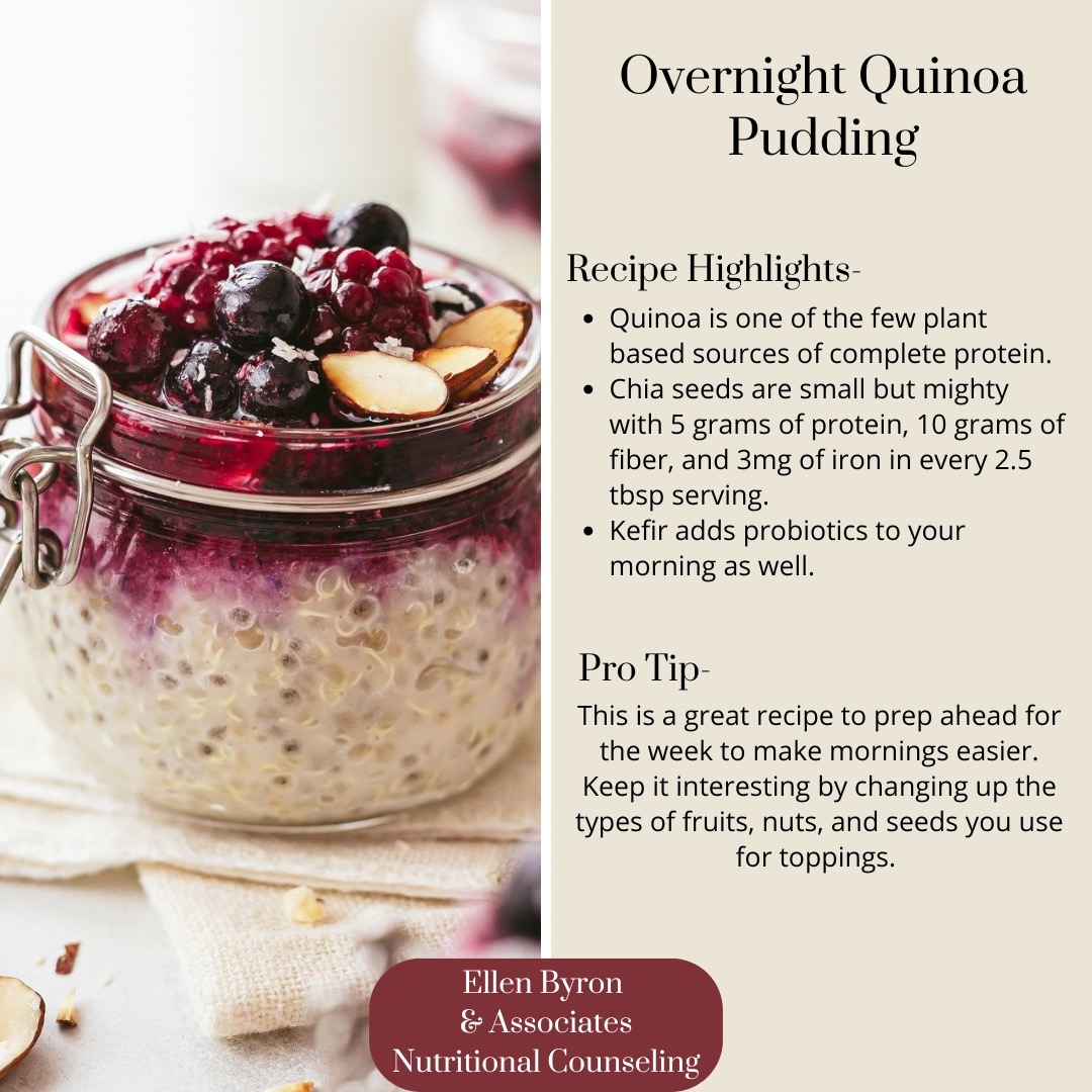 Recipe of the week!
Mornings can be hectic, but breakfast doesn't have to be. This overnight quinoa pudding recipe is quick and easy to make for the week or just the night before a busy day.
Although this recipe is simple it contains key players in a healthy diet. Protein, fiber, probiotics, healthy fats, and vitamins/minerals. As a bonus this provides plant based protein which has been shown to have many health benefits.
-
#dietitiansofig #recipeoftheweek #breakfast #plantbasedprotein #plantbasedbreakfastideas #recipe