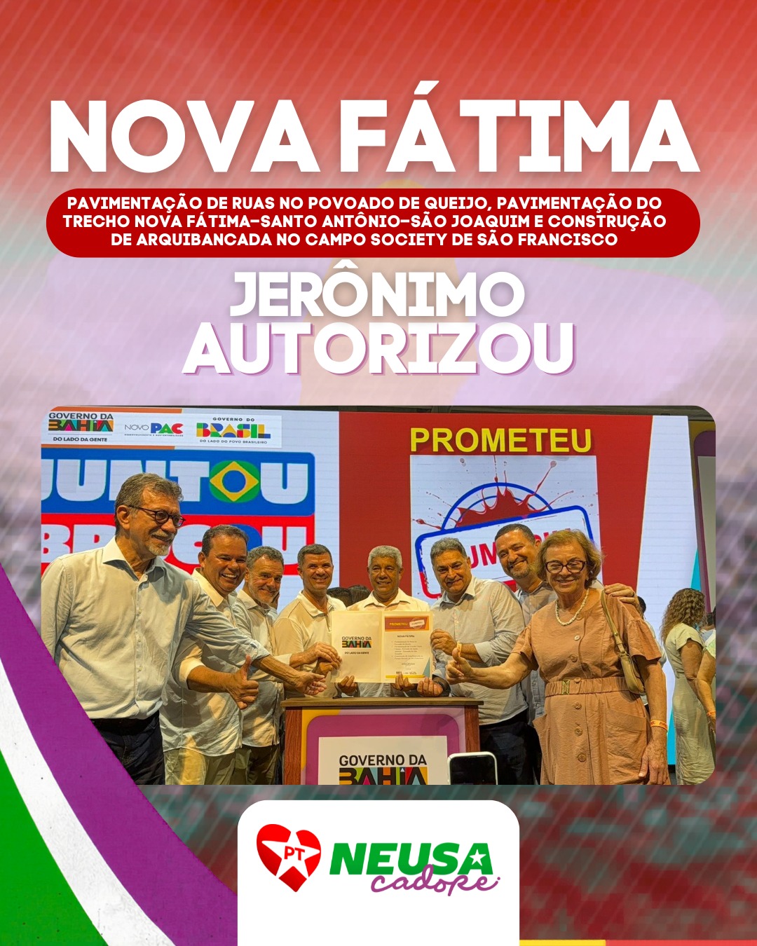 Nova Fátima segue avançando! ✅ Hoje, com o governador Jerônimo Rodrigues, foram autorizadas a pavimentação de ruas no povoado de Queijo, a pavimentação do trecho Nova Fátima–Santo Antônio–São Joaquim e a construção de arquibancada no campo society de São Francisco. Mais infraestrutura, mobilidade e esporte para o povo, com a presença do prefeito Assis Porto e apoio do vereador Landinho, sempre na luta!
#NovaFátima #JerônimoRodrigues #Bahia