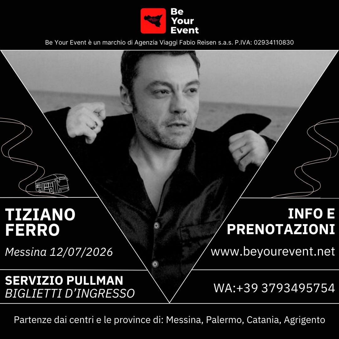Disponibili gli ultimi posti in pullman per il concerto di Tiziano Ferro a Messina il 12/07/26, prenota ora! 🥰
Info e prenotazioni:
www.beyourevent.net
+39 3793495754
#sicilia #tizianoferro #concerto #messina