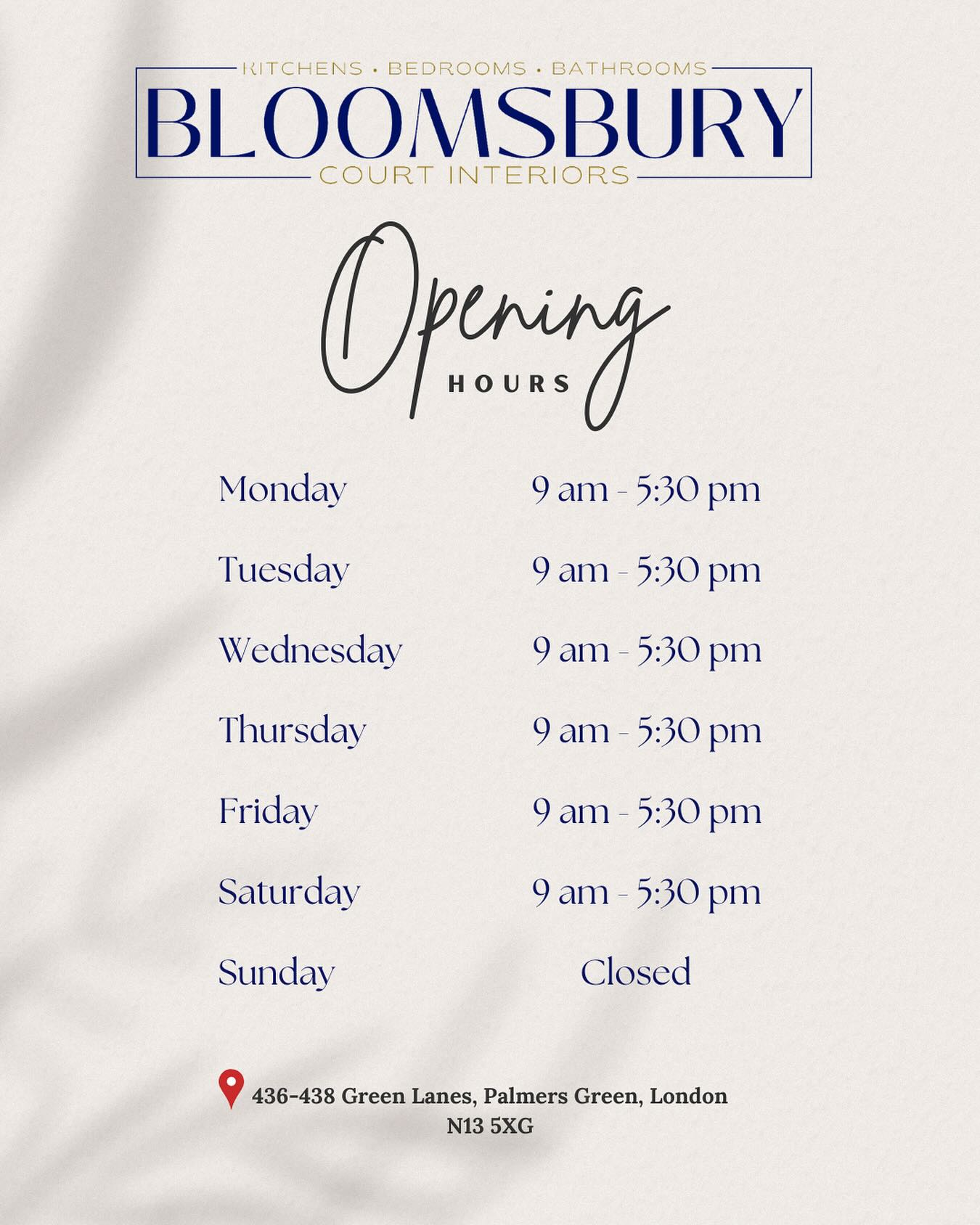 We’re open and ready to welcome you ✨
Visit our showroom during our opening hours to explore timeless design, curated pieces, and inspiration for your space. We look forward to seeing you! #InteriorDesignLondon #LondonInteriors #HomeInspiration #InteriorStyling #LuxuryInteriors #TimelessDesign #DesignInspo #HomeDecorUK #InteriorLovers #BespokeInteriors #ElegantLiving #HomeStyling #LondonDesign #InteriorsOfInstagram #DesignStudio #HomeInspo #interiordetails