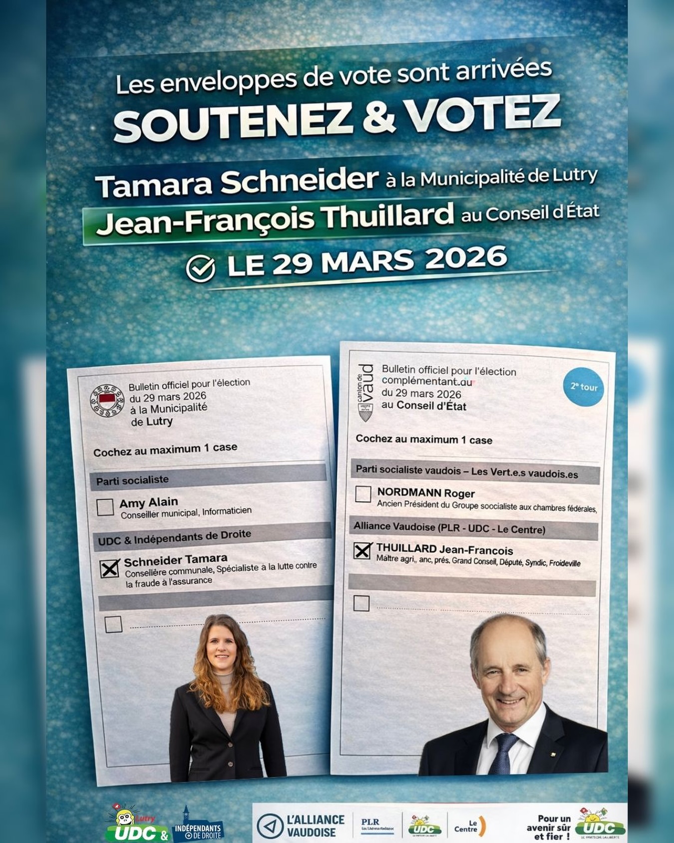 Les enveloppes de vote sont arrivées 📩
Le 29 mars, faisons entendre notre voix !
👉 À la Municipalité : Tamara Schneider
👉 Au Conseil d’État : Jean-François Thuillard
Merci pour votre soutien 🙏
Chaque vote compte !
#Lutry #Elections2026 #Vote #Engagement #udc