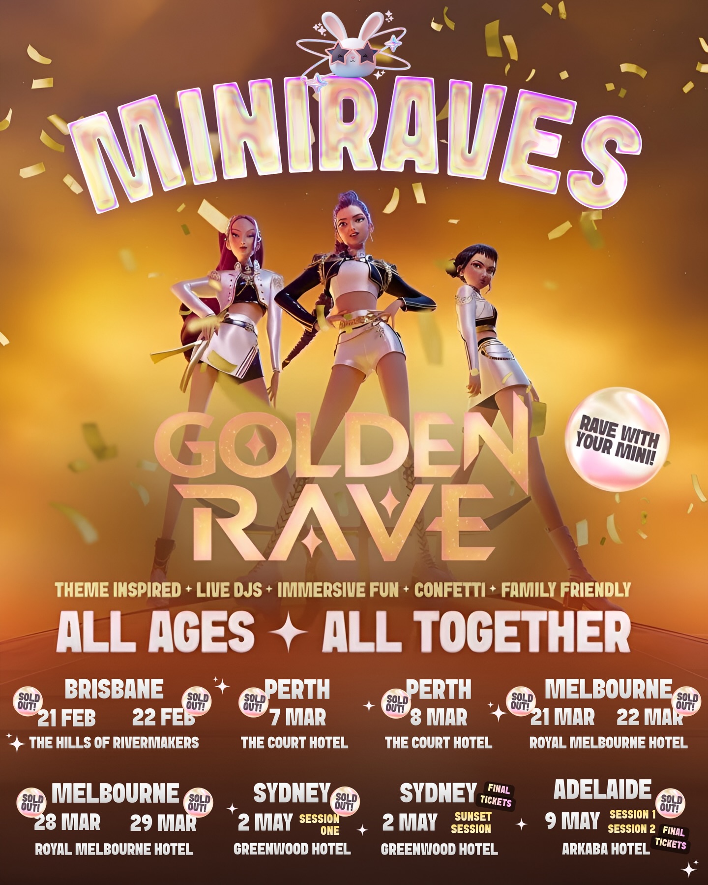 𝗠𝗶𝗻𝗶𝗿𝗮𝘃𝗲𝘀 ✦ 𝗚𝗼𝗹𝗱𝗲𝗻 𝗥𝗮𝘃𝗲 𝟮𝟬𝟮𝟲 🪩✨
𝗦𝘆𝗱𝗻𝗲𝘆 and 𝗔𝗱𝗲𝗹𝗮𝗶𝗱𝗲… the magic is almost here 💫
The first sessions are now 𝗦𝗢𝗟𝗗 𝗢𝗨𝗧 and the remaining sessions are filling fast⚡️
Sparkle, colour, music and unforgettable moments 💜
📍𝗦𝘆𝗱𝗻𝗲𝘆 ✦ 𝟮 𝗠𝗮𝘆 𝟮𝟬𝟮𝟲
𝗦𝗲𝘀𝘀𝗶𝗼𝗻 𝟭 — 𝗦𝗢𝗟𝗗 𝗢𝗨𝗧
𝗦𝘂𝗻𝘀𝗲𝘁 𝗦𝗲𝘀𝘀𝗶𝗼𝗻 — 𝙁𝙞𝙣𝙖𝙡 𝙏𝙞𝙘𝙠𝙚𝙩𝙨
📍𝗔𝗱𝗲𝗹𝗮𝗶𝗱𝗲 ✦ 𝟵 𝗠𝗮𝘆 𝟮𝟬𝟮𝟲
𝗦𝗲𝘀𝘀𝗶𝗼𝗻 𝟭 — 𝗦𝗢𝗟𝗗 𝗢𝗨𝗧
𝗦𝗲𝘀𝘀𝗶𝗼𝗻 𝟮 — 𝙁𝙞𝙣𝙖𝙡 𝙏𝙞𝙘𝙠𝙚𝙩𝙨
Limited tickets remain ➝ 𝙩𝙞𝙘𝙠𝙚𝙩 𝙡𝙞𝙣𝙠 𝙞𝙣 𝙗𝙞𝙤 🪩✨
#MINIRAVES