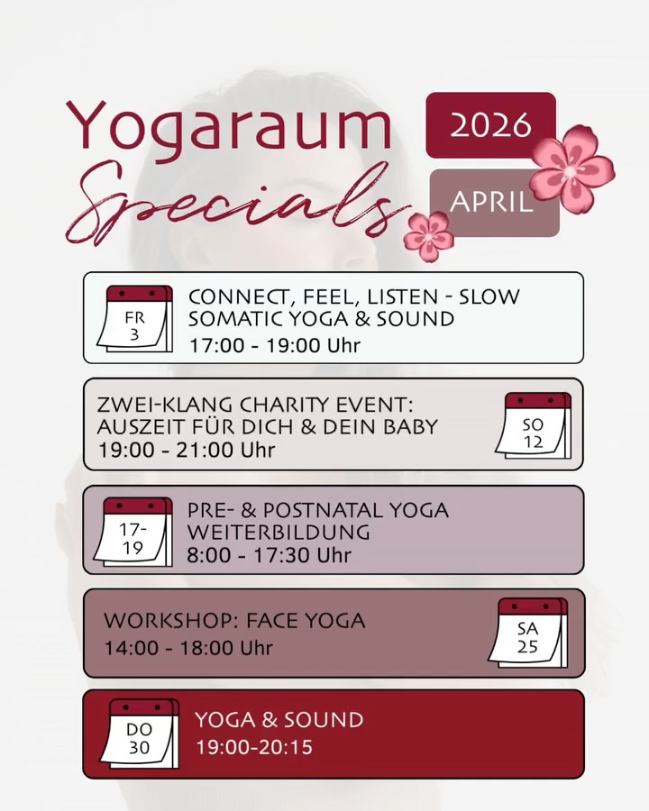 🌸 Dein April im Yogaraum: Zeit für Erneuerung & Herzensmomente ✨
Der April macht, was er will?
Wir auch – und zwar alles, was deiner Seele guttut! 🌿🧘♀️
🌞Im April dreht sich im Yogaraum alles um das Erwachen, das tiefe Spüren und das Weitergeben von Licht. Von entspannenden Oster-Specials über tiefes Fachwissen bis hin zu einem ganz besonderen Charity-Event – wir haben den Raum für deine persönliche Entfaltung geschaffen.
💫Hier sind deine Highlights im April:
• ✨ Oster-Specials (Somatic, Yin & Sound): Gönn deinem Nervensystem den ultimativen Reset. Sanfte somatische & Yin Yoga Bewegungen treffen auf heilende Klänge – pure Magie für deine Feiertage.
• ❤️ Charity-Event „Zweiklang“: Ein Nachmittag für werdende Mütter & Babys im Bauch mit Yoga & Klang. Am Abend sammeln wir gemeinsam Spenden für Frauen & Kinder in Not e.V. – weil Yoga auch außerhalb der Matte wirkt.
• 🎓 Pre- & Postnatal Weiterbildung: Tauche tief ein in die Welt von Yoga für werdende und frischgebackene Mamas. Wissen, das bewegt und begleitet.
• 🤳 Face Yoga Workshop: Dein natürliches Face-Lifting! Lerne Techniken für Ausstrahlung und Entspannung, die man dir ansieht.
• 🎶 Yoga & Sound: Der krönende Abschluss des Monats. Fließe durch deine Praxis, getragen von Schwingungen, die dich tief berühren.
🤝Egal ob du wachsen, entspannen oder Gutes tun möchtest – der April im Yogaraum bietet dir genau den Platz, den du jetzt brauchst.
👉 Alle Details & Buchung: Den Link zu den Specials findest du wie immer direkt in unserer Bio.
✨ Tipp: Speichere dir diesen Beitrag als Reminder für deine Me-Time im April und teile ihn mit jemandem, mit dem du gerne gemeinsam Gutes tun möchtest!
Wir freuen uns auf einen lichtvollen April mit dir!
Dein Yogaraum Ravensburg Team ♡
#yogaraumravensburg #yogaravensburg #prenatalyoga #faceyoga #yogaandsound #frauenundkindernot