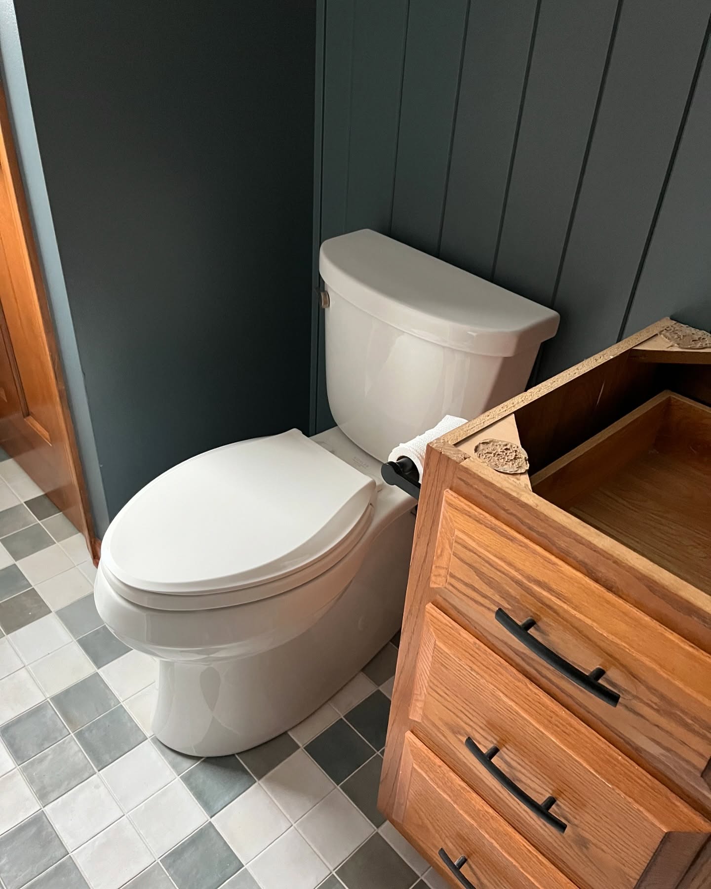 Builder grade bathroom to soooo much better bathroom. This project is wrapping up this week, but I couldn't resist sharing a sneak peak. Swipe to see where we started!