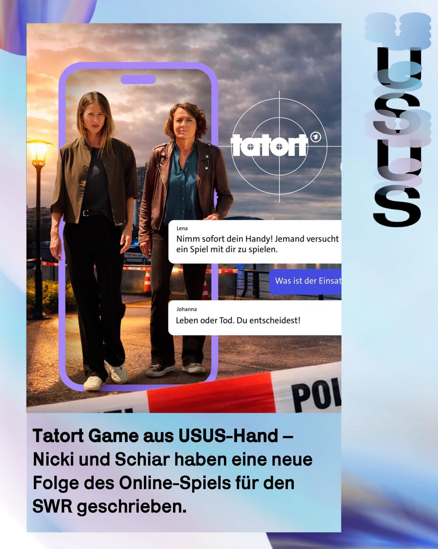 Wir möchten ein Spiel mit dir spielen … @philipthephrog und @prof.dr.schiaroderso wurde eine der ikonischsten IPs Deutschlands anvertraut und sie haben ein Game voller cleverer Rätsel und düsterer Drohungen geschrieben. In dem Spiel aus der Hand des USUS-Autoren-Duos könnt ihr ab sofort die Aufklärung einer perfiden Geiselnahme übernehmen – mit Hilfe des Ludwigshafener @tatort-Teams Odenthal/Stern oder komplett auf eigene Faust. Geht schnell auf die Website – es geht um Leben oder Tod (und kostet nichts)! 🩹