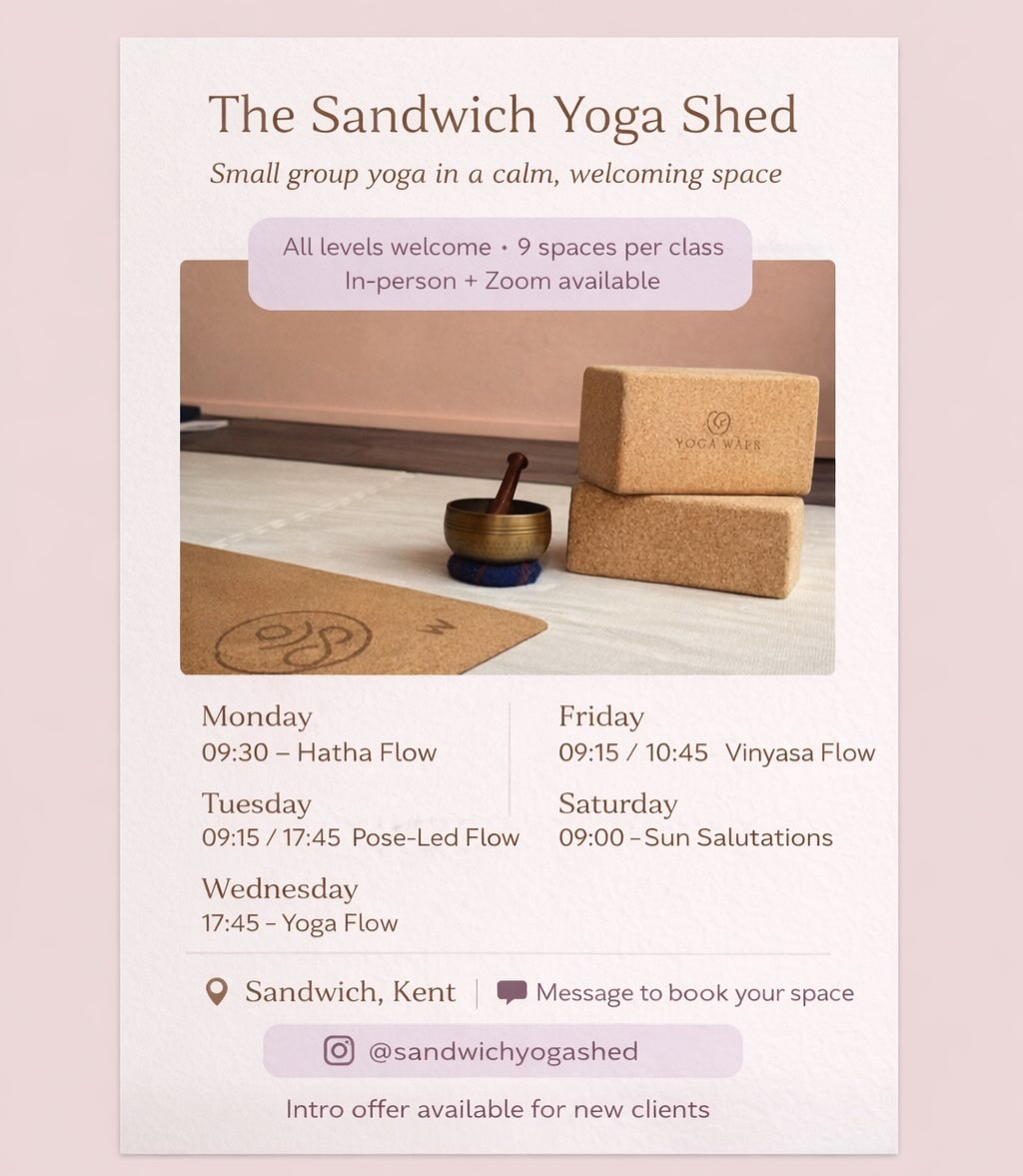 The Sandwich Yoga Shed is run by Claire of Conversational Yoga.
Offering regular classes a week in vinyasa flow, Hatha yoga, pose flow sequences, sun salutations and breathwork.
Regular work shops held covering peri menopause and menopause as well as yoga pose workshops covering balance and chaturanga.
All classes are planned with a wide range of age and ability in mind. There really is yoga for all.
The conversational element comes from our discussion around the poses and anatomy as we settle in to the least resistance for us individually. This can mean practicing on a different level at every class you attend. You are encouraged to listen to your body and mind.
Information and booking details via WhatsApp: 07715 435660
#sandwichindependent #sandwichtownbusinesscompass #yogainsandwich #visitsandwichkent