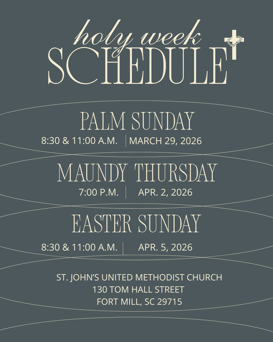🌿 Holy Week at St. John's United Methodist Church 🌿
Join us as we journey through the most sacred week of the year, remembering Jesus’ love, sacrifice, and resurrection:
Palm Sunday – Celebrate Jesus’ triumphant entry into Jerusalem and a beautiful cantata by our choir.
Maundy Thursday – Reflect on the Last Supper and Jesus’ call to love and serve.
Easter Sunday – Rejoice in the resurrection and new life!
Whether this is your first Holy Week or a cherished tradition, all are welcome to walk this journey of faith with us.
Come, reflect, and celebrate the greatest story ever told.