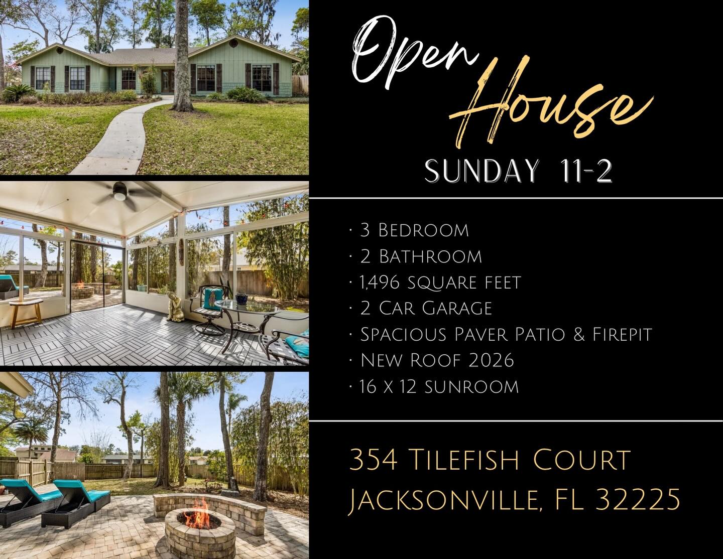 OPEN HOUSE THIS SUNDAY! 🏡✨
📍 354 Tilefish Court | Pablo Point
🗓️ Sunday | 11:00 AM – 2:00 PM
Come tour this beautifully located home in highly sought-after Pablo Point just minutes to the beach with no HOA! Inside you’ll love the vaulted ceilings in the living room, a cozy fireplace, and a dedicated dining space. The sunroom is perfect for extra lounging or entertaining, and out back you’ll find a large paver patio, firepit, and plenty of space to enjoy Florida living.
🛏️ 3 Bedrooms | 🛁 2 Bathrooms
✅ Corner lot
✅ New roof
✅ Close to the beach
✅ No HOA community
Stop by, say hi, and take a look—I’d love to show you around! 🌴🔑
#OpenHouse #PabloPoint #JacksonvilleRealEstate #JacksonvilleHomes