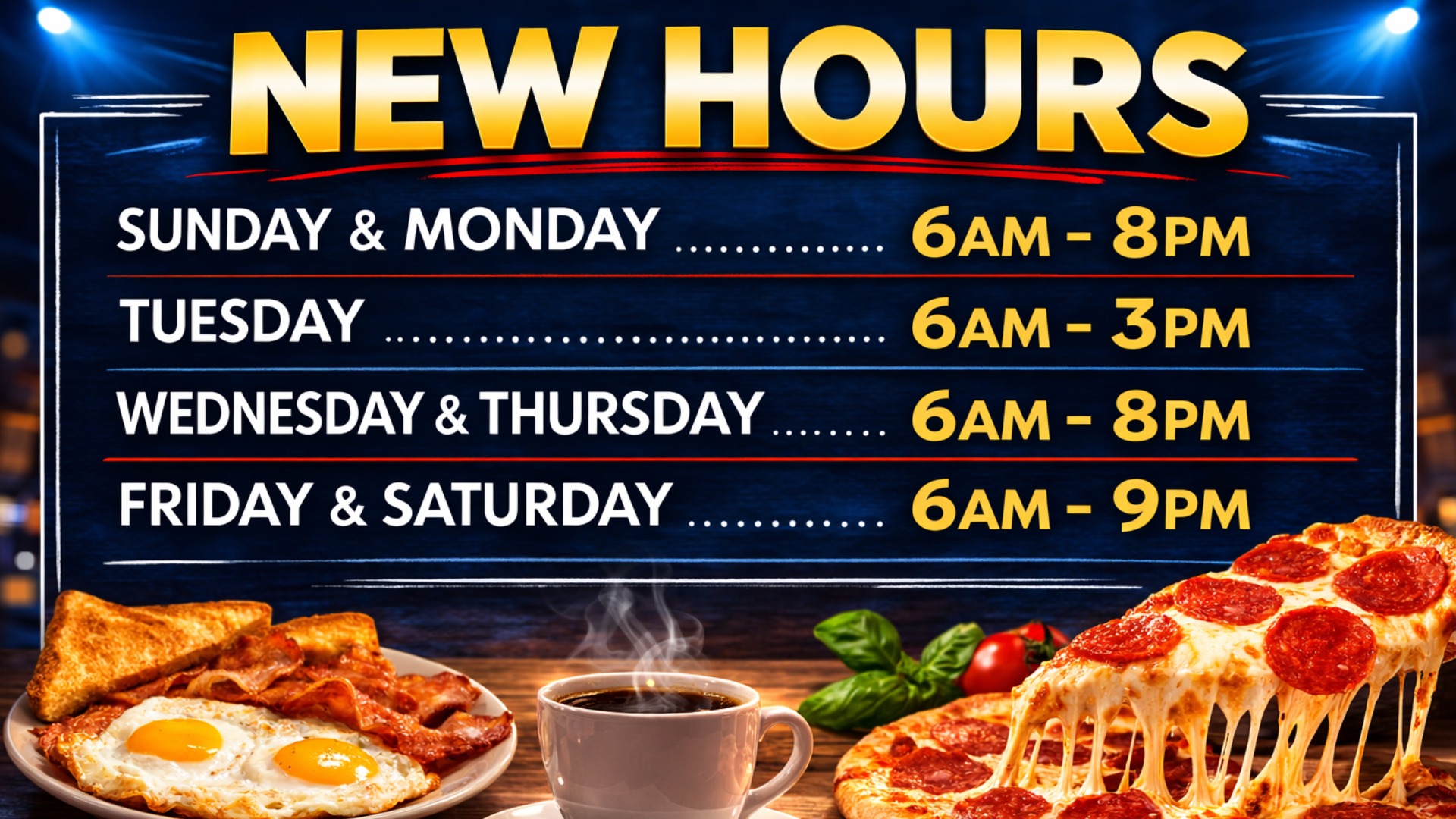 We're now open for dinner! Offering Pizza and drink specials (Beer on Tap)!