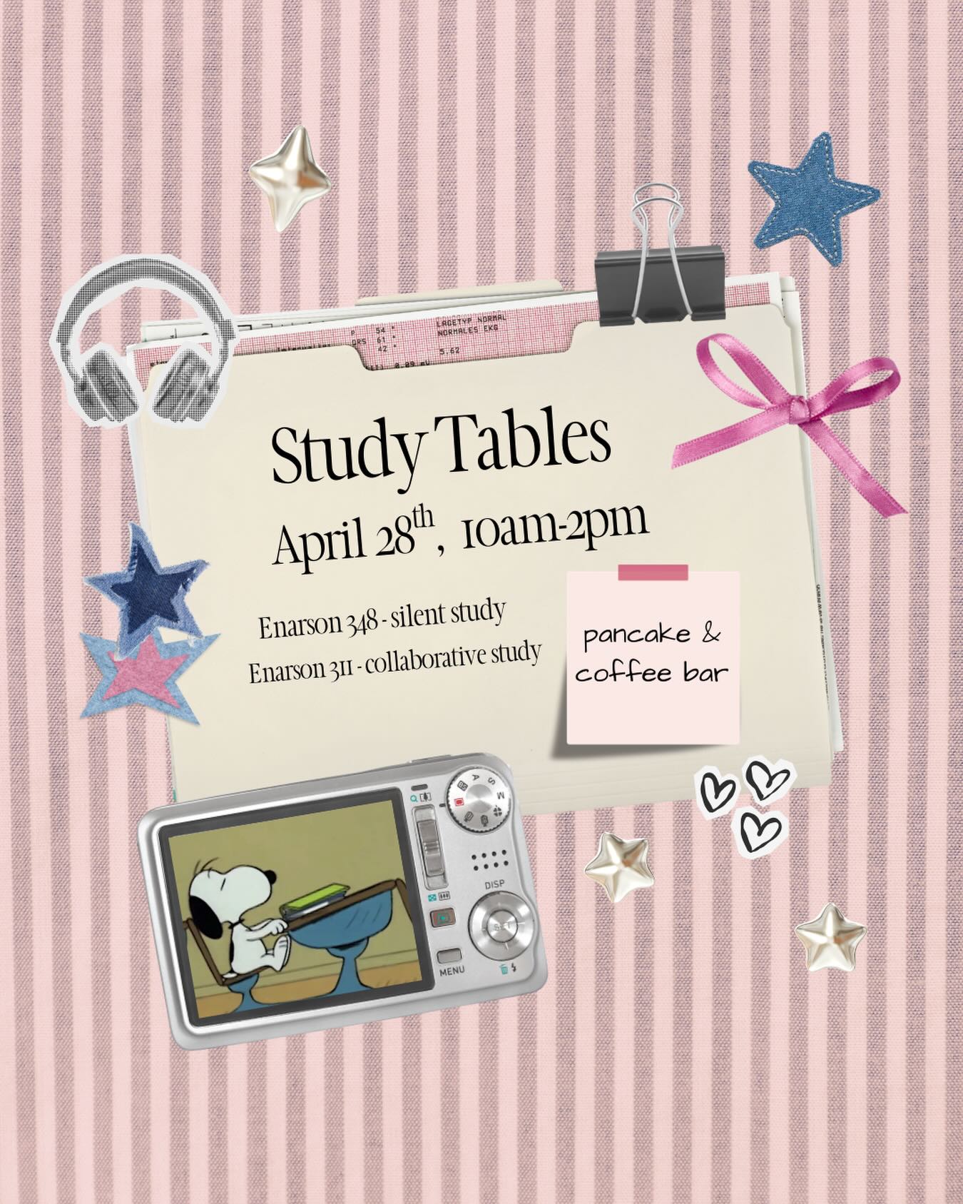 Stressed for finals? Come join us at study tables to lean on your SWEsters for support! We will have collaborative study and a pancake and coffee bar in Enarson 311. Silent study will be in 348. Contact Maggie Foster.1482 with any questions.