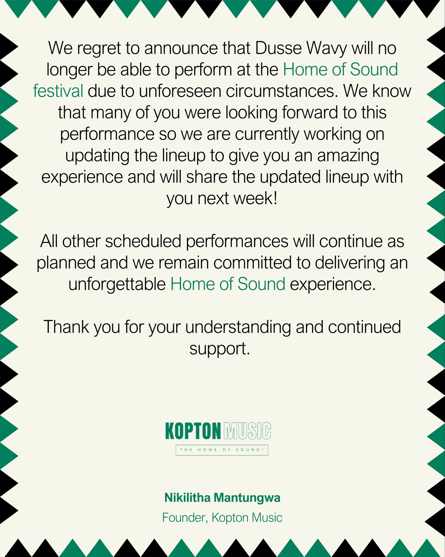 We have some news.💔Rest assured that we will still be bringing you all of the other acts on the lineup and will be giving you the same amazing experience! Watch this space for performance times next week! 23 tickets remaining🎫
#homeofsoundfestival #koptonmusic #capetown #jazz #jazzfestival statement