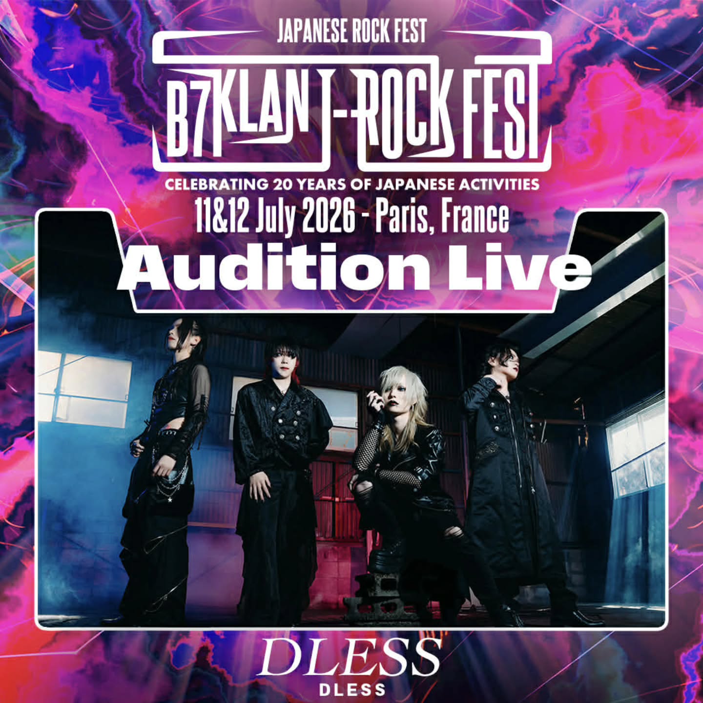 Discover the second row of our audition live participate bands!
DLESS
Vo. Eve / Gt. Shin / Ba. Ryo / Dr. -KouKi-
Formed in May 2025 and based in the Kansai region (western Japan).
DLESS is a band that stands out in the modern visual kei scene, blending heavy, loud soundscapes with emotional melodies.
Through overwhelming sound pressure and immersive live performances, they continue to create a one-of-a-kind world that pierces deeply into the listener’s emotions.
#b7klan
#b7klanjrockfest
#b7livecontest
#visualkei
#jmusic