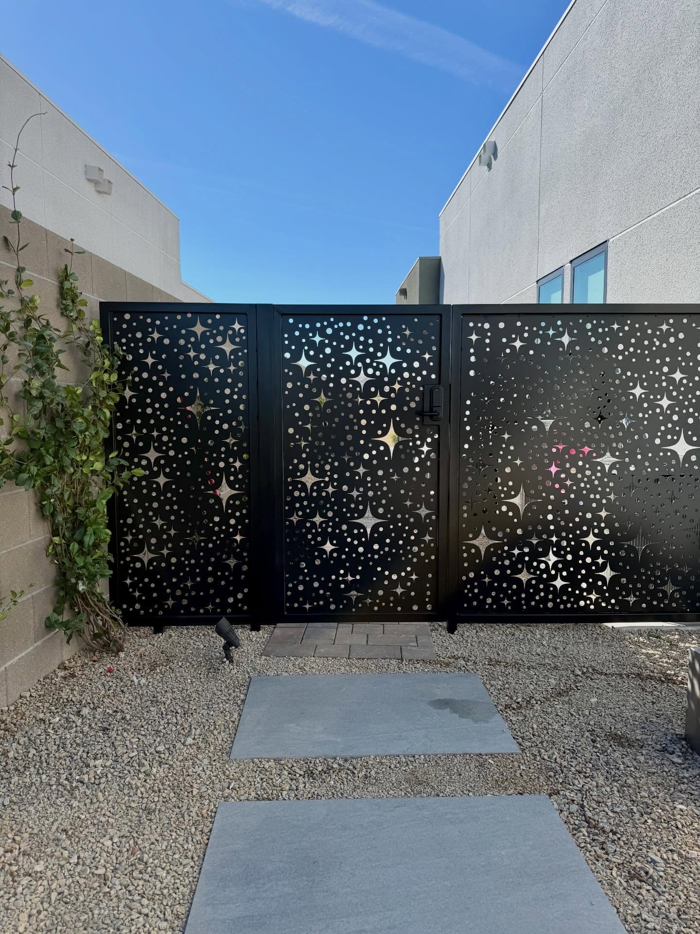 Champagne and Stardust gates and screens add magic, hide the mundane. Finished in matte black powdercoat with pushbutton locking handles.