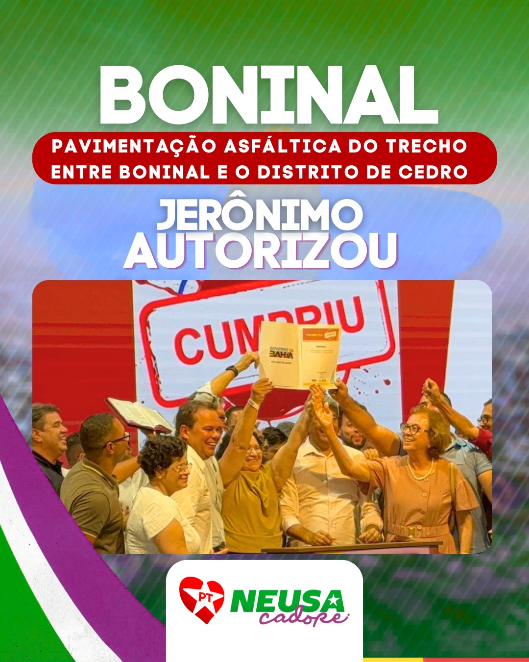 Boninal tem obra nova! ✅ Hoje, Jerônimo Rodrigues autorizou a pavimentação asfáltica do trecho entre Boninal e o distrito de Cedro. Ao lado da prefeita Celeste Augusta, celebramos mais esse investimento em mobilidade, infraestrutura e desenvolvimento para o município!
#JerônimoRodrigues #Boninal #Bahia