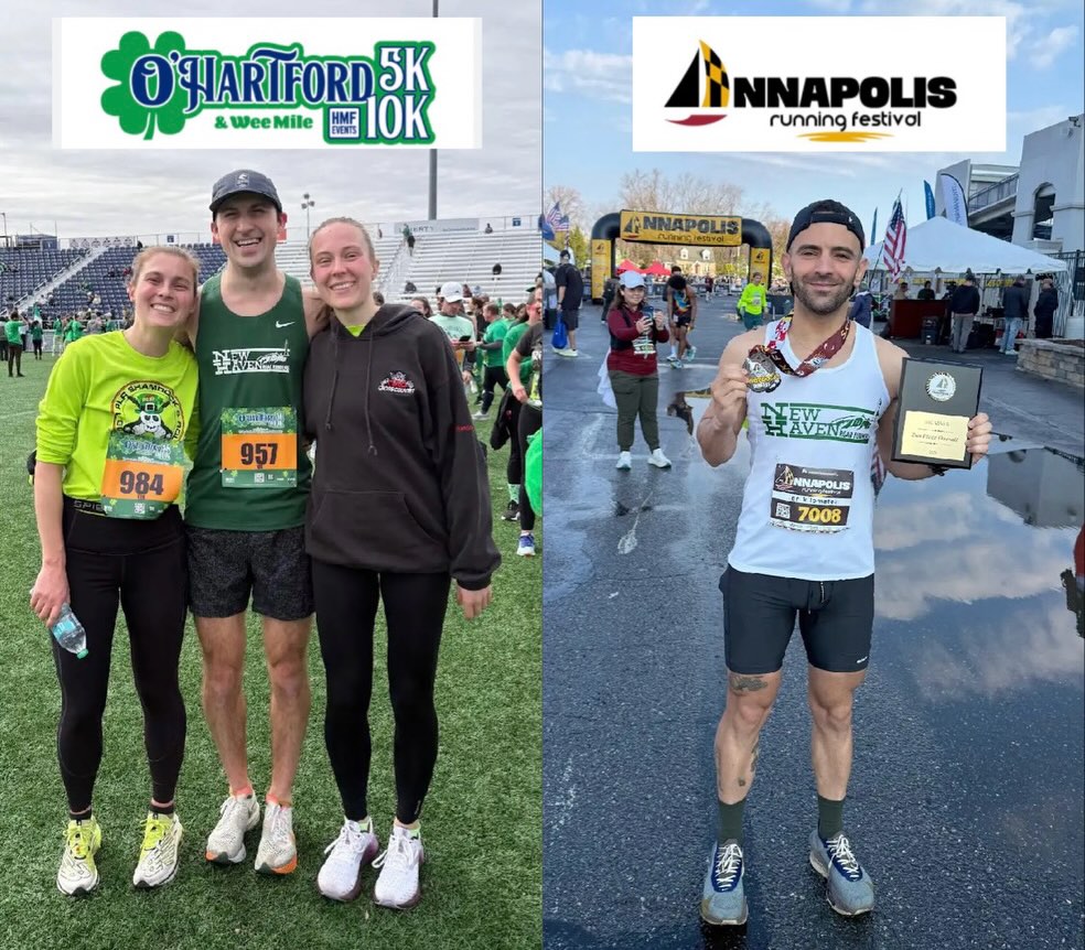 Racing March 15-22nd, no circuit race these weekends, but our team still crushed it across distances from the 5K to the marathon!
O’Hartford 5K & 10K
Betsy Overstrum (19:04) – 5k, 2nd woman overall! @boverstrum
Jack Lynch (34:08) – won the 10k! Now 7th on the leaderboard!
Bryan Bausinger (35:37) – 10K, 5th overall, 1st in age group! @bryanbausinger
Katie Overstrum (37:34) – 10K, 2nd woman overall, PR and moving to 4th on the NHRR leaderboard!
NYC Half Marathon:
Tiger Lu (1:19:07) @tigercheesehippo
Aaron King (1:25:17) – 4th on the masters leaderboard!
Olivia Provance (1:27:05) – PR!
Zachary Haas (1:27:43) @zjhaas
O’Niantic 5K:
Stephen Fengler (16:38) – 2nd overall! @runner102.5
Run for the Shamrock 4 mile
Patrick Guelakis (21:57) – Now 1st on the masters NHRR leaderboard!
Project 13.1 (Half marathon)
Tiger Lu (1:13:55) – PR! @tigercheesehippo
Lee Carlisle (1:15:48) – PR! And top of the masters leaderboard!
Mary Johnson (1:28:10) @itsamarython
Miche Palmer (1:28:26) @michevarbutus
Abbi Fischer (1:29:55) @abbi.fischer
Annapolis 10K
Ala Oueslati (36:58) – 2nd overall and first time wearing a NHRR singlet! @ala.oueslati
Run Rome the Marathon
Nick Schindler (3:19:53) and Steven Urgiles (3:19:56) took on their first marathon together! @nick.schindler @steven4urgiles
From Connecticut to New York to Maryland, and all the way to Italy, proud to see our team racing near and far. 💚🤍💚