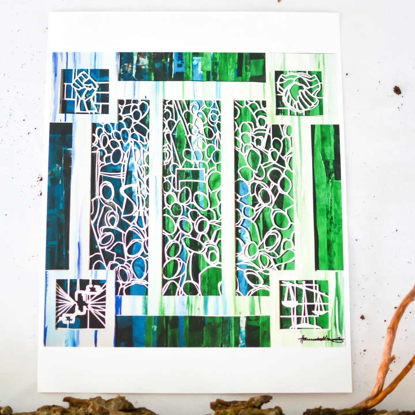 “In this series of scriptures, gathered crowds drew my attention. Jesus always drew a crowd, but so did the voices of hate in his time. In our current historic moment, this dichotomy of crowds for justice and crowds for injustice confounds me. Are all crowds worthy of joining? In the background of this piece, I dyed and collaged together torn newspaper, representing the fabric of the world, to portray the cacophony of crowds gathering. …
In the four corners of the artwork, symbols of justice, mercy, and faithfulness echo the clarity of Jesus. Gathering for justice is the work of the gospel.”
—from the artist’s statement for “There Is Good” by Hannah Garrity | @sanctifiedart