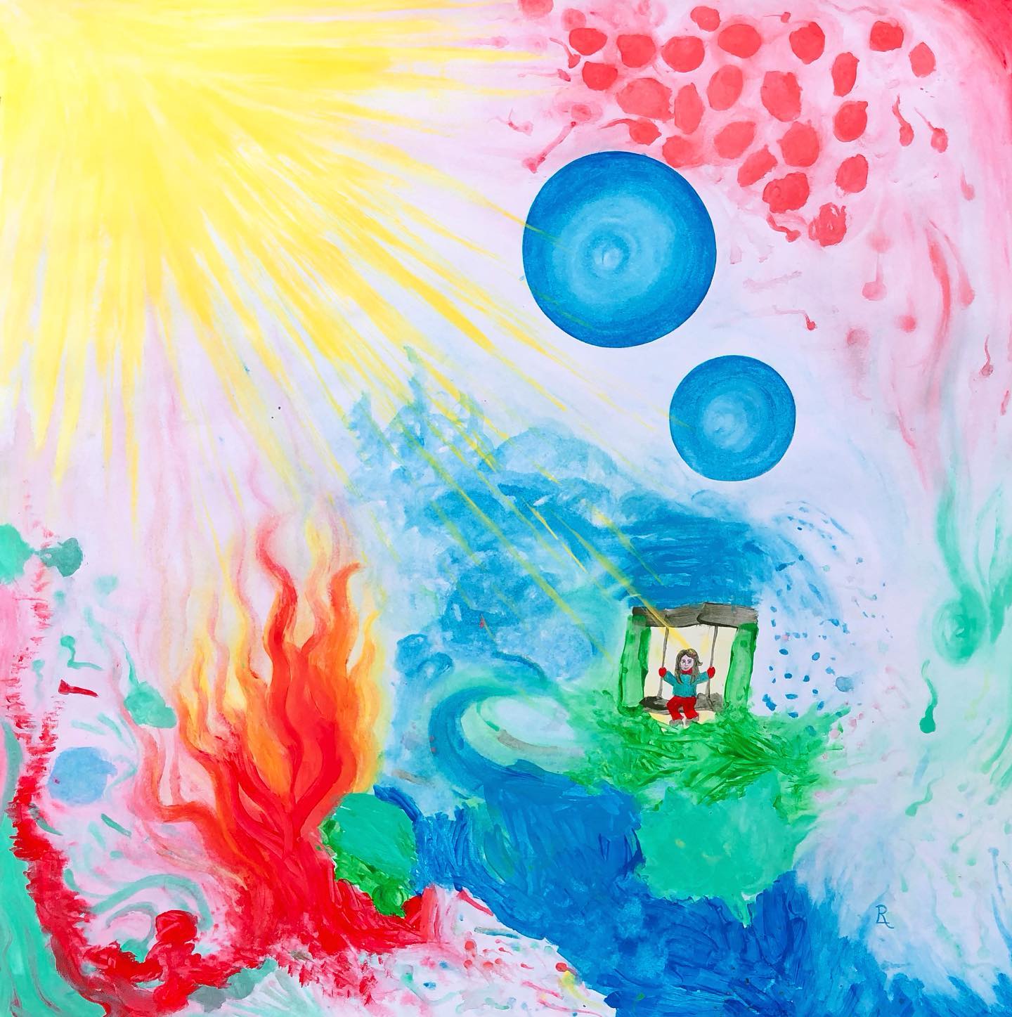 In letzter Zeit ging es eher ruhig auf unserem Account zu, im Außen allerdings tobten die Stürme. Ob man sowas vorausahnen kann? Als wir dieses Bild bereits Mitte Januar gemalt haben, konnte ich erst wenig damit anfangen. So ein wenig scheint auch auf dem Bild die Welt zu toben, das große Feuer, das Rosalie malen wollte, und die aufgewirbelten blauen Bereiche (Wasser, Stürme?) zeigen für mich turbulente Zeiten an. Und trotzdem scheint zu jedem Zeitpunkt auch hinter den wildesten Stürmen die Sonne. Mich immer wieder in einen (innerlich) geschützten Raum der Bewusstheit zu begeben, wie hier Rosalie auf der von der Sonne beschienenen Schaukel - das war in den vergangenen Wochen eine große Herausforderung. Vieles wurde grundlegend auf den Prüfstand gestellt, ich wurde daran erinnert noch mehr zu schauen, worauf es wirklich ankommt und wie viel Zeit oder Energie wir manchmal in unwichtige Dinge stecken, während wir das wahre Glück des gegenwärtigen Moments verpassen. Noch mehr Bewusstheit und noch mehr Präsenz braucht es bei uns also gerade. Und wenig Bildschirmzeit. Und das Vertrauen, dass da immer ein Licht ist, mit dem wir uns verbinden und das wir in unser Inneres einladen können. 💫
🩷❤️🧡💛👧🏻👩🏻🎨💚🩵💙💜
.
.
.
#luftfarben #colorfulartwork #nachwuchskünstler #artwork #colorfulart #fingerfarben #wirmalenunsdieweltwiesieunsgefällt #buntistmeinelieblingsfarbe #toddlerpainting #toddlerart #farbenfroh #ilovecolors #fantasie #colorfullikearainbow #seelenbilder #soulpainting #rainbowcolors #fingerpaints #artthatmakesyouhappy #artthatmakesyoufeelgood #spiritualart #colorfullife🌈 #daslebenistbunt #turbulentezeiten #haltmich #timetoheal #leuchtturm #trustingod #restingod #awakening