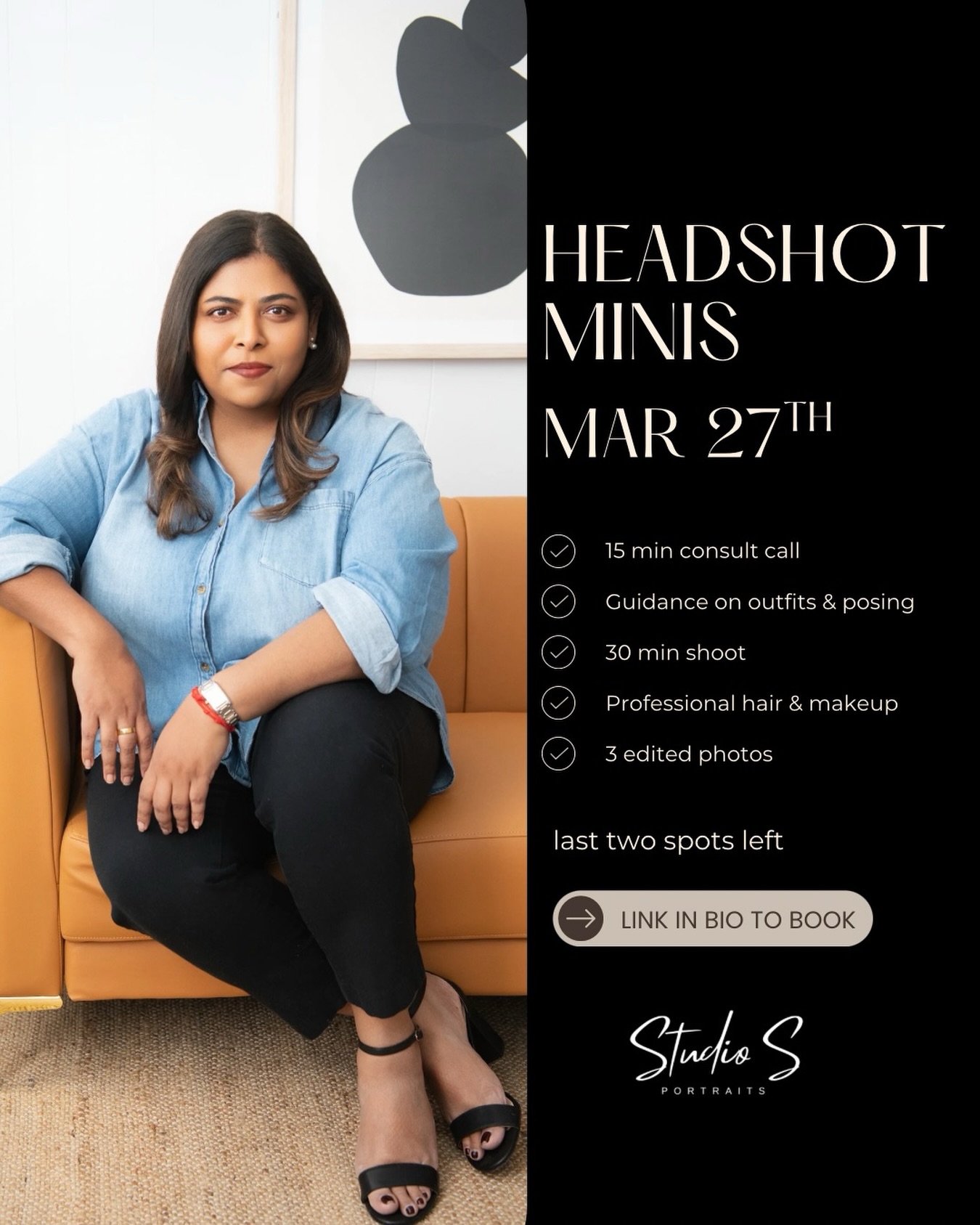 Only 2 spots left for this Friday.
After that, the studio goes quiet and the next date is TBD.
If you’ve been sitting on this — this is the sign.
March 27th. Needham, MA. 30 minutes. Professional hair and makeup already waiting for you. Three images that will do more work for your business than anything else you’ll do this week.
$690. All-inclusive. No hidden anything.
This is for the person who knows their work is exceptional but their photos don’t show it yet. The one who’s been meaning to update their professional image for six months. The one who keeps saying “after this launch, after this quarter, after things slow down.”
Things don’t slow down. Friday exists. Two spots do too.
Link in bio to grab one of the last two spots. Or DM me right now and I’ll hold it for you.
📍 Studio S Portraits · 20 Chestnut Street, Suite 8 ·