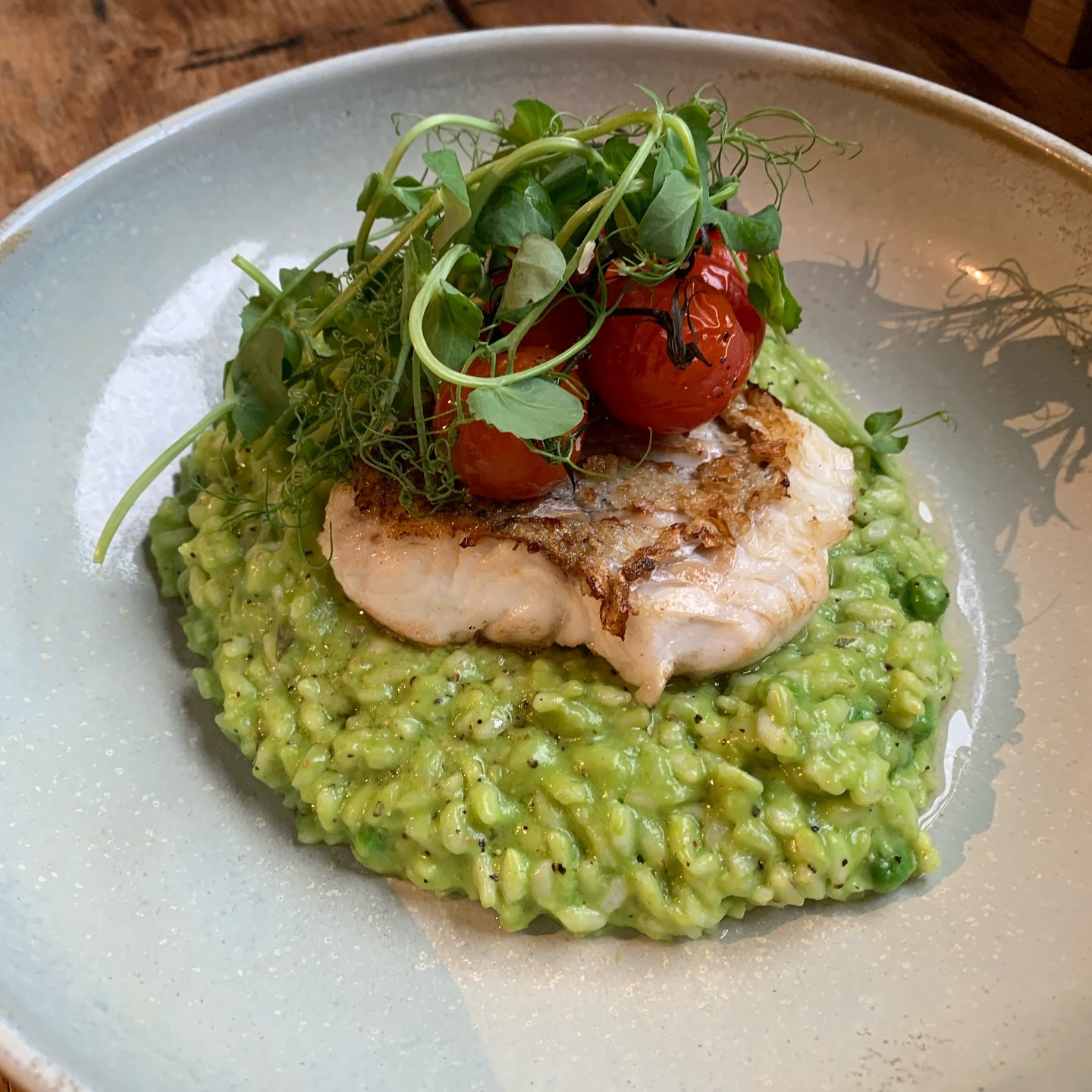 Tonight’s special 😋 hake fillet and pea risotto 🫛🍅