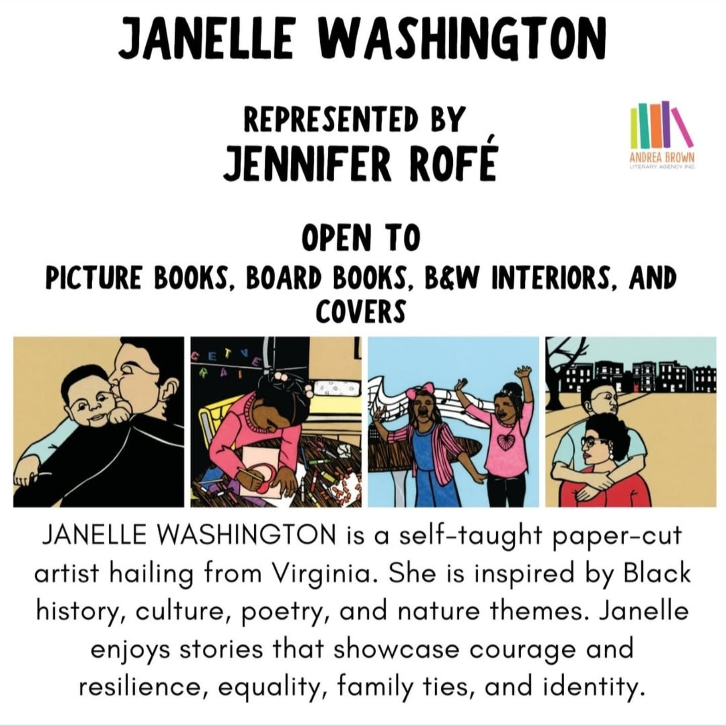Photos reposted from @andreabrownlit.
.
Are you an author with a strong, emotional story to tell? Need an award-winning illustrator to help weave your story and add to your voice? Want a style that's bold, rich in color, and fresh?
.
Well, look no further!
.
My paper cut art is here! I can cut anything! And bring life to your story through paper and the use of silhouettes!
.
Looking for stories rich in history, deep in meaning, exciting, emotional, and leave the reader informed and inspired. Or stories that celebrate family, friends, community, nature, and music.
.
Would love to illustrate a picture book about Betty Reid Soskin.
.
And stories that re-imagine folk stories in a fresh, feminine new way. Think of Briar Rabbit and Anansi Spider as girls. 🤔. .
.
What manuscripts do you have that are ready?
.
.
Contact Jen Rofe jennifer@andreabrownlit.com