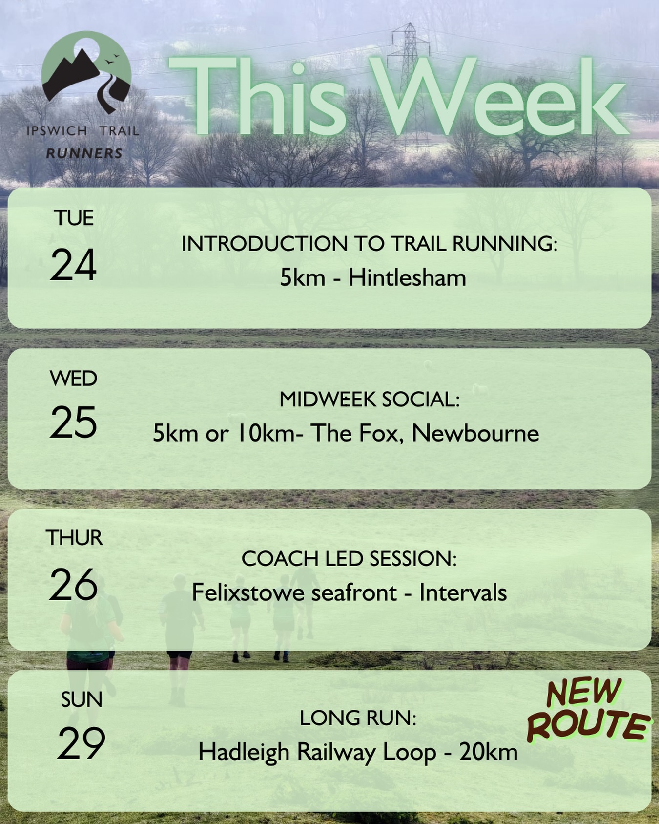 This week at ITR 👇
We’re keeping it simple, social, and just the right amount of spicy…
Tuesday we kick things off with an intro to trail running in Hintlesham. Perfect if you’re new or just want to strip it back to the basics 🌿
Wednesday is your midweek social at The Fox. Choose your distance, bring your chat, stay for the post-run vibes.
Thursday we hit the seafront for intervals. Legs will know about it, but you’ll thank us later.
And Sunday… a brand new 20km route at Hadleigh. Big miles, good company, proper trail magic.
Same deal as always; no one left behind, just good people running through good places.
Who’s in? 💚
#IpswichTrailRunners #TrailRunningUK #RunTogether #TrailCommunity #SundayLongRun