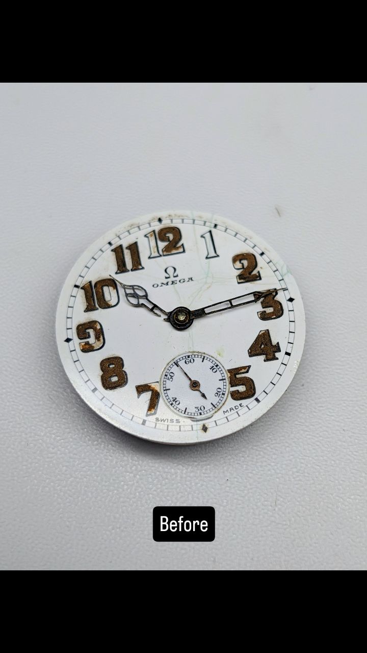 This Omega from 1918 came in with missing and aged lume. After a careful cleaning and a fresh relume, it’s ready to find its way back into a case.
Which do you prefer: the "earned" patina or the fresh restoration?
#omega #watchmaking #horology #watchrepair #lumeshot