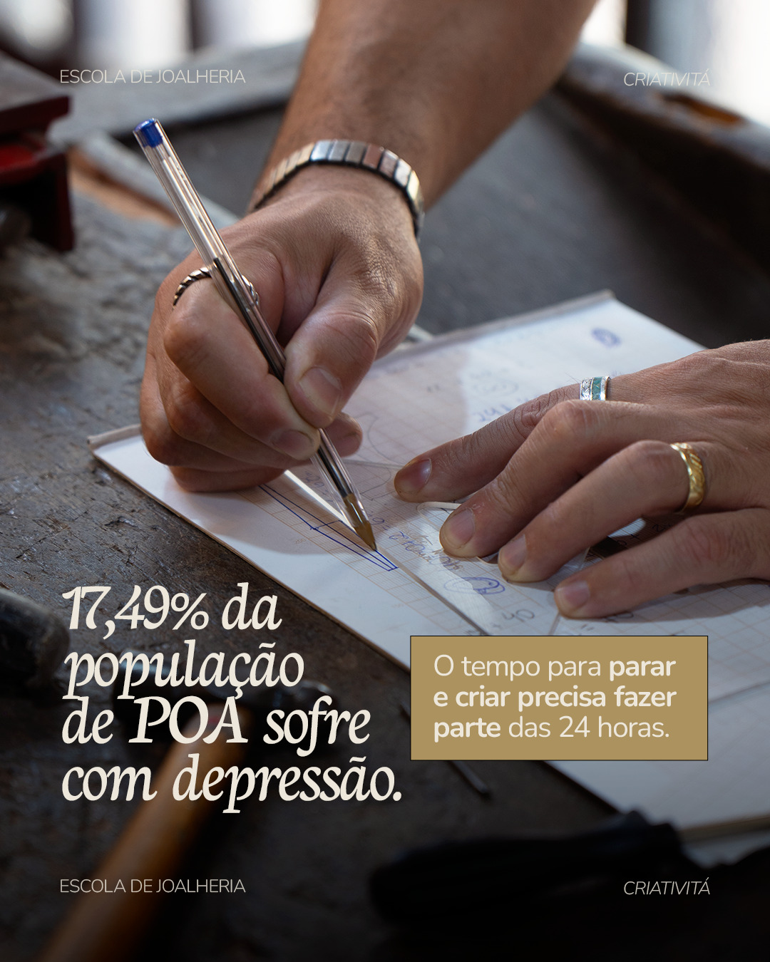 Não dá para fugir do tempo. Se o seu só passa ao redor de trabalho, estudo e correria de rotina, provavelmente você também vai fazer parte da estatística dos 17,49% da população porto-alegrense já diagnosticada com depressão.
Voltar a respirar, usar a manualidade, criar e aprender sem pressão pode ajudar (e muito) a cuidar de você mesmo, reduzir o estresse e a ansiedade, além de fortalecer a autoestima. Tudo melhora quando você lembra que existe fora da rotina de sempre.
.
#escoladejoalheria #cursodejoalheria #joalheriaartesanal #escoladejoalheriaportoalegre