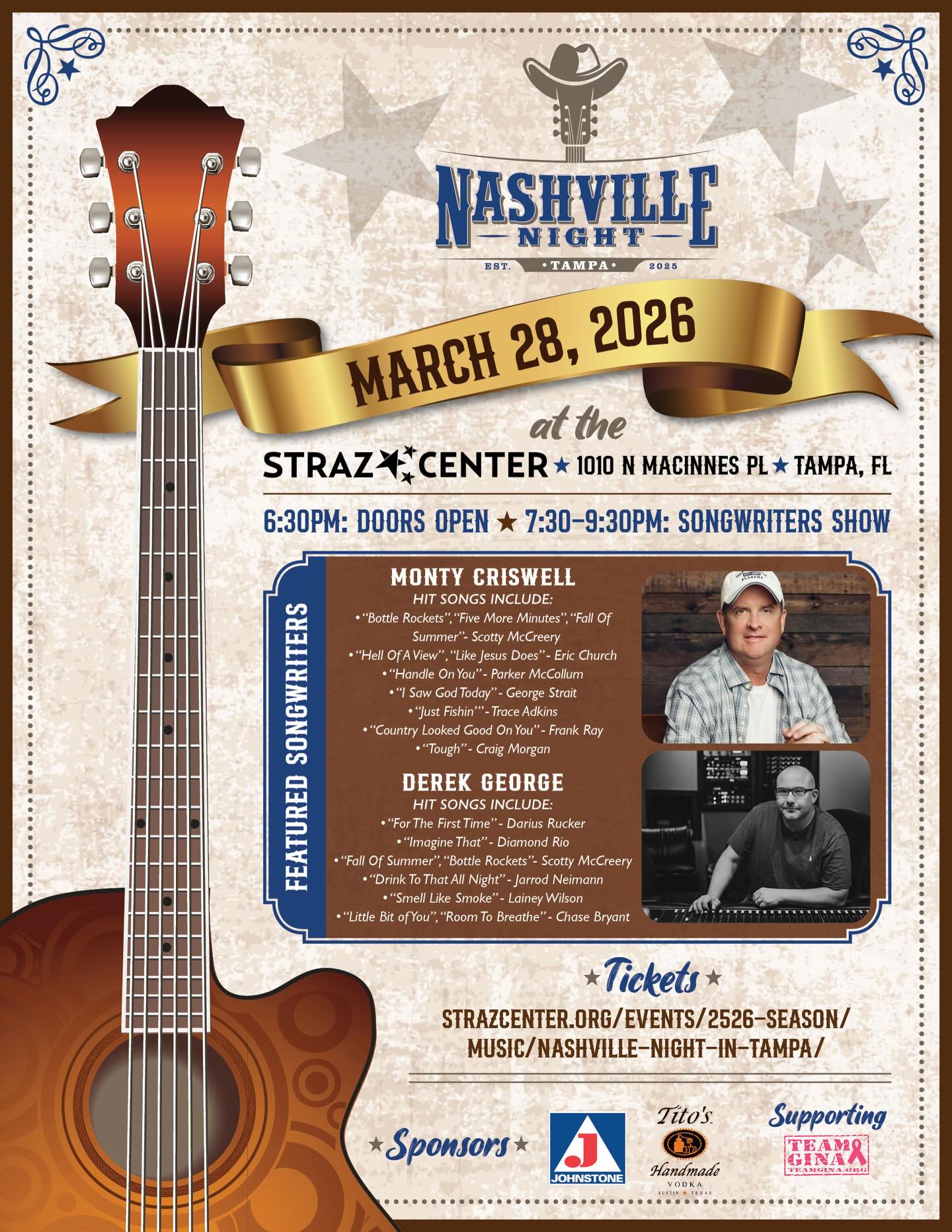 LOW TICKET ALERT!
We can’t wait to see you Saturday night Tampa! Come experience a unique and intimate night of live music while hearing the stories behind the hits.
LINK IN BIO!
@strazcenter
@thatssotampa
@tampabaytonight
@tampadatenightguide
@visittampabay