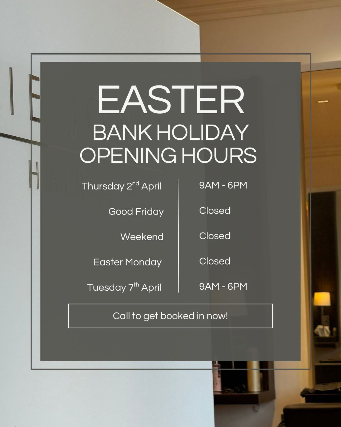 Just a reminder of our closing dates for the Easter Bank Holiday☀️
🗓️We are closing Good Friday and returning Tuesday the 7th of April as normal!
This goes for our Odiham Salon as well 🖤
We hope you all have a lovely Easter🐣
☎️Call to get the last appointments before they go!
#easter #haslemere #surrey #bankholidayweekend #hairsalon