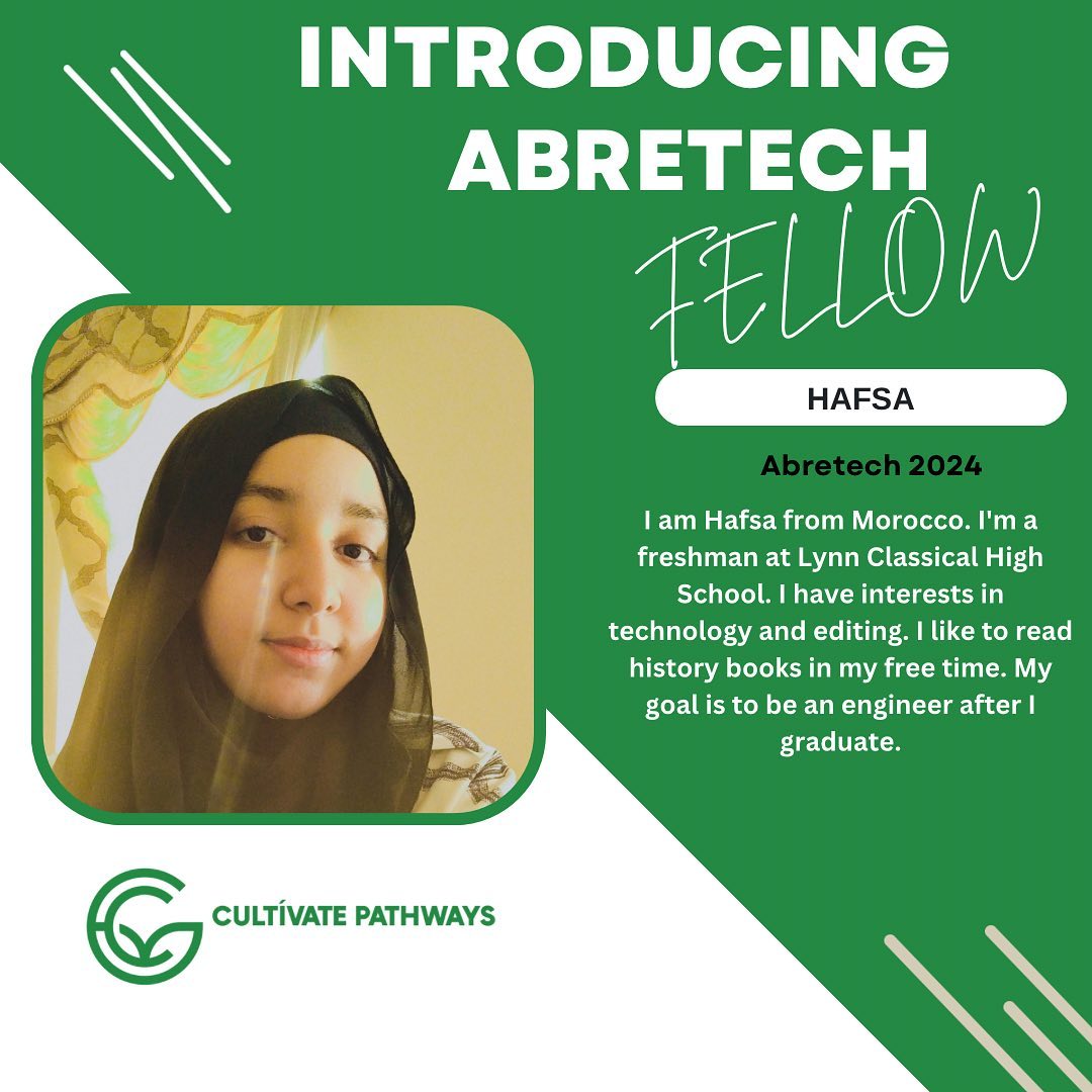 Hafsa is the youngest fellow in the cohort but she has shown maturity and ambition since day one. From her first day she has asked good questions, offered ideas to move the group forward, and has taken on new digital marketing projects. Hafsa sharpened her design skills in Canva to make this digital graphic. We are pleased to introduce you to Hafsa, a spring Abretech fellow. 👏🏽👏🏽
#equityintech #diversityintech #techinclusion #multilingual