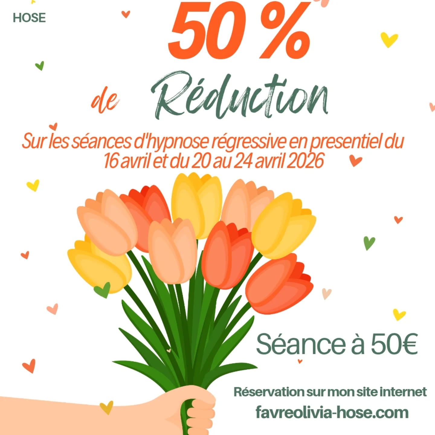 Une nouvelle semaine de formation en hypnose régressive est prévue en avril ! Ce qui signifie l'opportunité de réserver des créneaux à 50€ pour faire une séance d'hypnose régressive avec une praticienne formée et moi. Il reste une place le jeudi 16 à 10h et 15 créneaux du 20 au 24 avril. Si vous souhaitez faire une séance à distance je peux avoir 3 créneaux, précisez moi l'horraire et le jour et je vous le débloquerai.
Si vous préférez le créneau de 15h30 à celui de 14h, je peux aussi le décaler.
Si vous avez des questions, j'y répondrai avec plaisir.
Belle journée ☀️
