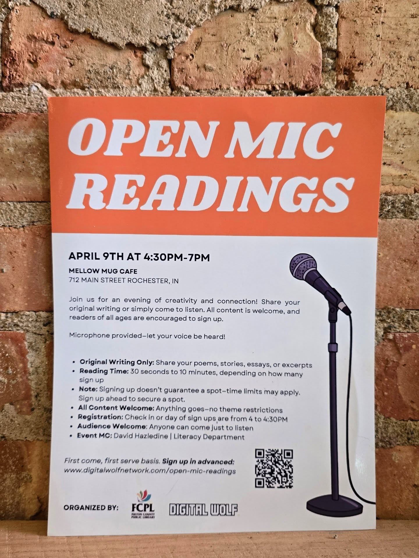 Open Mic Readings | April 9th | 4:30PM to 7:00PM
Join us for an evening of creativity, storytelling, and community at Open Mic Readings, a collaboration between the Fulton County Public Library and Digital Wolf Network the Mellow Mug Cafe.
This event is open to all ages and welcomes anyone interested in sharing original writing or simply listening and supporting local voices. Poems, short stories, essays, and excerpts are all encouraged, with reading times ranging from 30 seconds up to 10 minutes depending on how many participants sign up. The microphone will be provided, and all content is welcome with no theme restrictions.
Sign-ups are first come, first serve, so we strongly encourage you to register on the website to help us plan in case time runs short. Day-of check-in and sign-ups will also be available from 4:00–4:30 PM.
The Mellow Mug Cafe will be open, so feel free to invite friends, family, and fellow creatives to join us for a cozy night of expression and connection. Event MC David Hazledine from the Literacy Department will be guiding the evening.
www.digitalwolfnetwork.com/open-mic-readings
