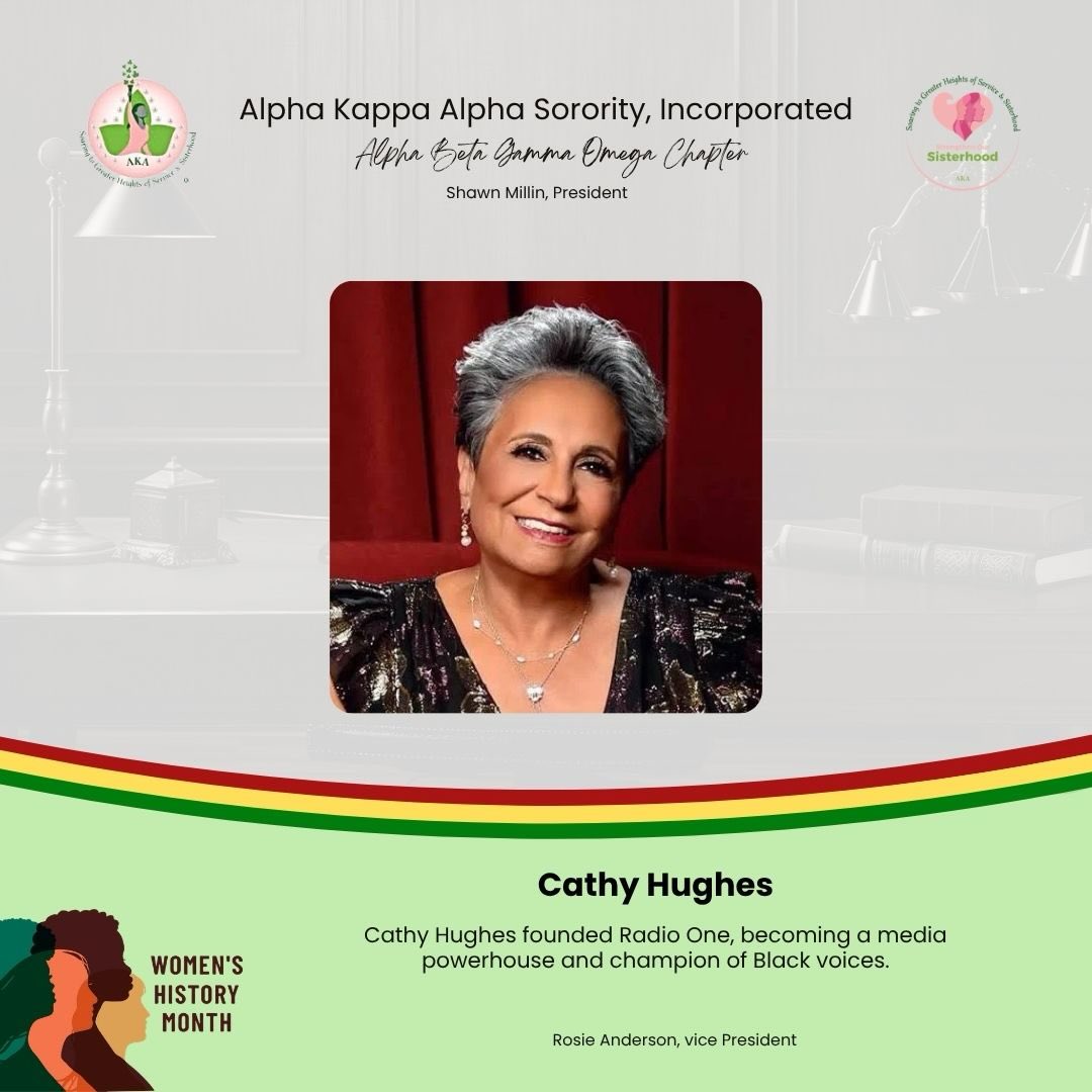 🌸 Women’s History Month Spotlight 🌸
Today we celebrate the visionary leadership of Cathy Hughes.
As the founder of Radio One (now Urban One), Cathy Hughes became the first Black woman to head a publicly traded company. Her trailblazing work in media has amplified Black voices, shaped culture, and created opportunities for generations to come.
Through resilience, innovation, and an unwavering commitment to community, she built a legacy that continues to inspire entrepreneurs and leaders everywhere.
✨ Visionary. Trailblazer. Legacy Builder.
#WomensHistoryMonth #AKA1908 #BlackExcellence #WomenInMedia #WomenWhoLead