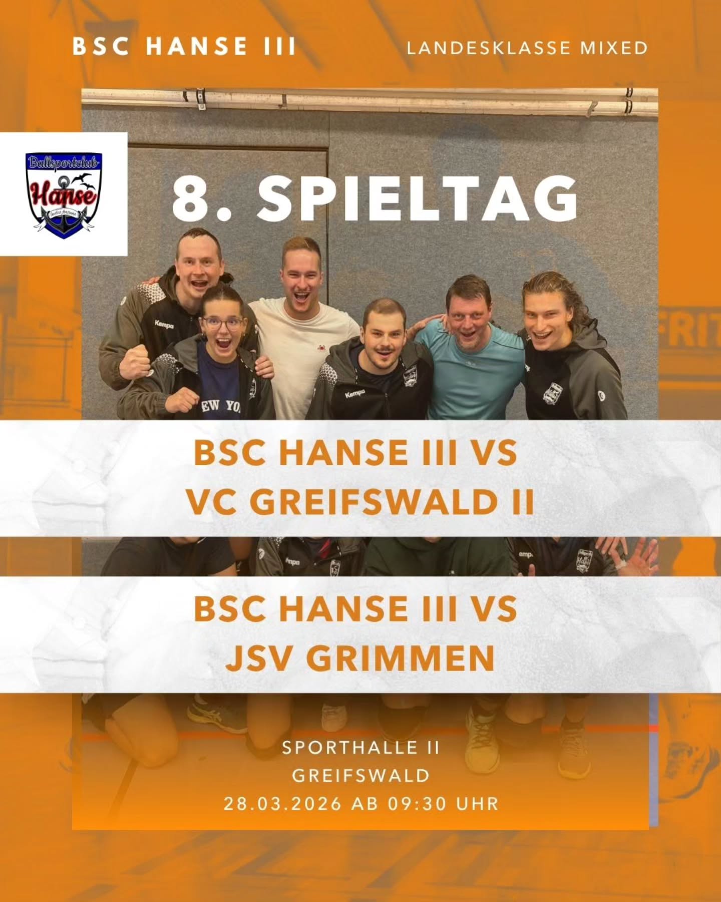 ++ Letzter Spieltag +++
Die Akteure unserer dritten Mannschaft wollen ihren Tabellenplatz verteidigen und zudem mit einem guten Gefühl aus der Saison gehen.
#bschanse #mixedvolleyball #volleyballingreifswald #volleyballgreifswald #lkmixed