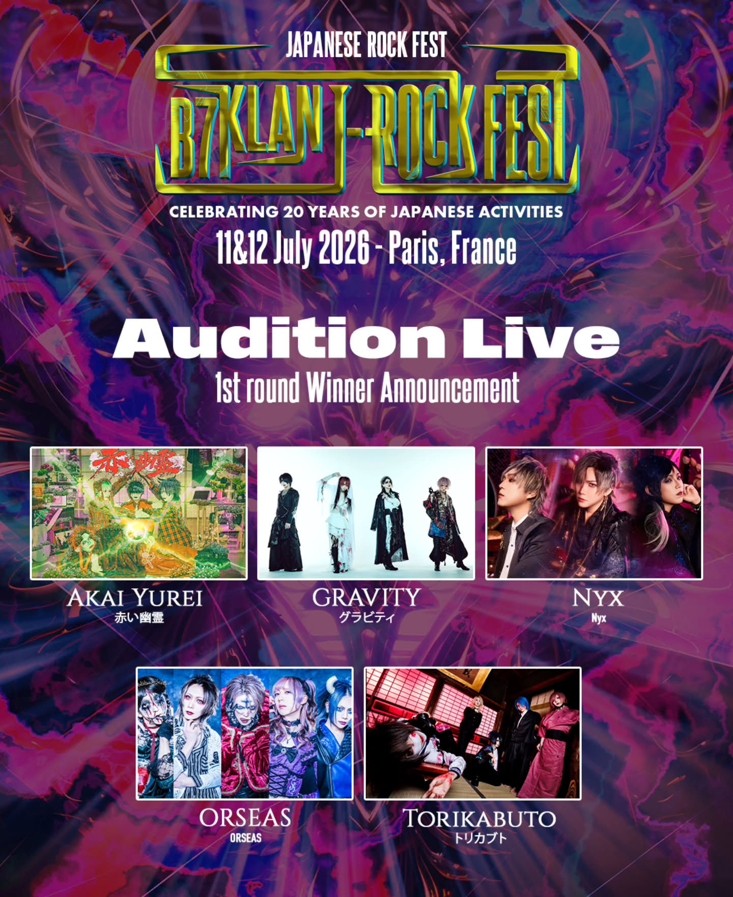 Thank you all for your votes and your support.
We are incredibly happy and proud of the participation and enthusiasm surrounding this competition.
We’re excited to reveal the groups that received the most votes and will advance to the final on April 24, 2026, at Sibuya Rex in Tokyo.
Tomorrow, we will introduce the groups selected by Hevn.
Stay tuned!!
#b7livecontest #b7klanlivecontest
#b7klan
#visualkei
#jmusic