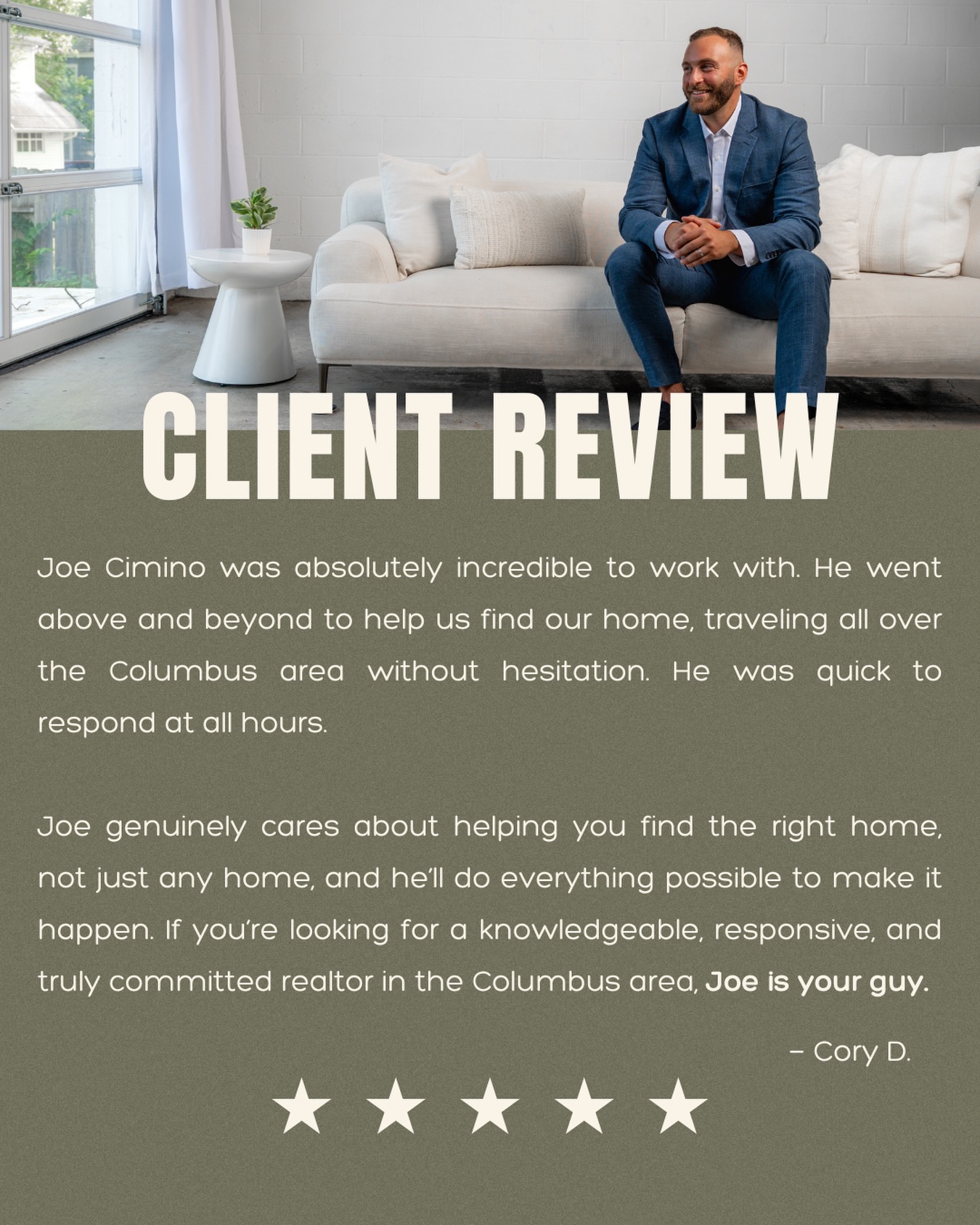 5 stars from Cory! 🌟
Reviews like this are why I love what I do. If you’re buying or selling in the Columbus area, let’s connect today!
Joe Cimino | Realtor®️
HomeRounds Realty
614.653.7215