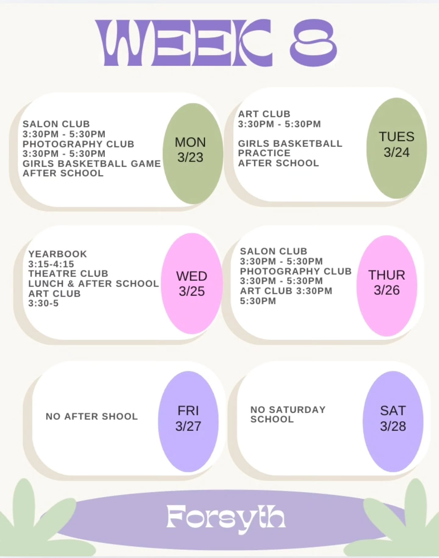 Hey Forsyth! It's week 8! This week the Salon and Photography Clubs will meet after school on Monday and Thursday. The Art Club will meet Tuesday through Thursday after school. On Monday, the Girls Basketball Team has a game, and Tuesday after school they have practice. On Wednesday, the Theatre Club will meet during lunch and after school, and the Yearbook club will meet after school. There will be no after school activities on Friday and there is no Saturday school this week.
#week8 #forsyth #afterschoolclubs #girlsbasketball #schoolisfun highschool nyc transferschool