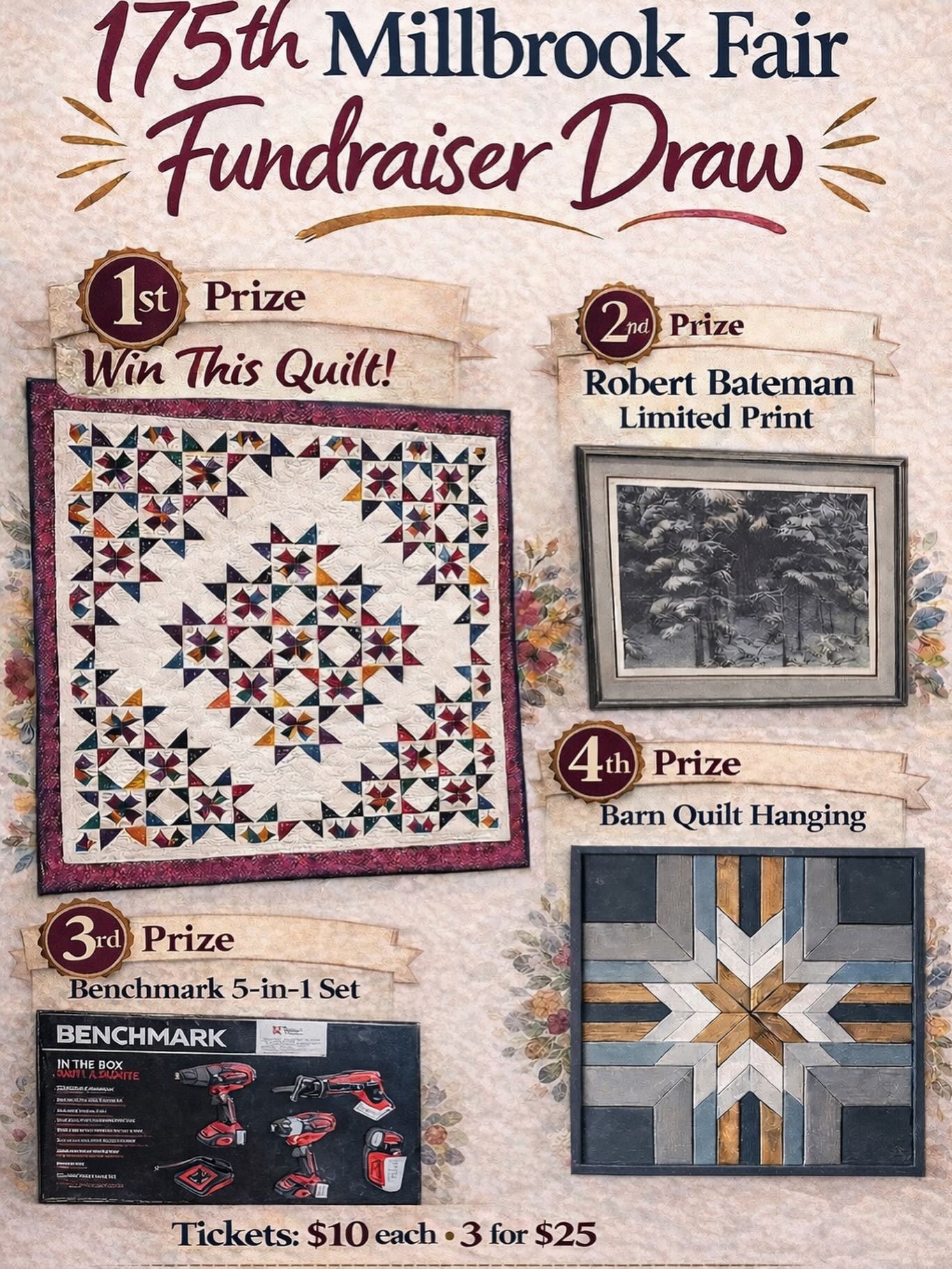 🎉 175th Millbrook Fair Fundraiser Draw! 🎉
Don’t miss your chance to win some incredible prizes while supporting our 175th Millbrook Fair! 🙌
🎟️ Tickets:
👉 $10 each or 3 for $25
🏆 Prizes include:
✨ A beautiful handmade quilt (1st Prize)
✨ Robert Bateman Limited Print
✨ Benchmark 5-in-1 Tool Set
✨ Barn Quilt Hanging
💥 Perfect mix of cozy, practical, and one-of-a-kind prizes!
📅 Draw Date: June 14, 2026 at 1:30pm
📩 Get your tickets today!
Contact Debra Post at:
✉️ millbrookspringfair@gmail.com
Every ticket helps support our fair—plus, you could be a winner! 🎉
👇 Comment below or send a message to grab yours before they’re gone!