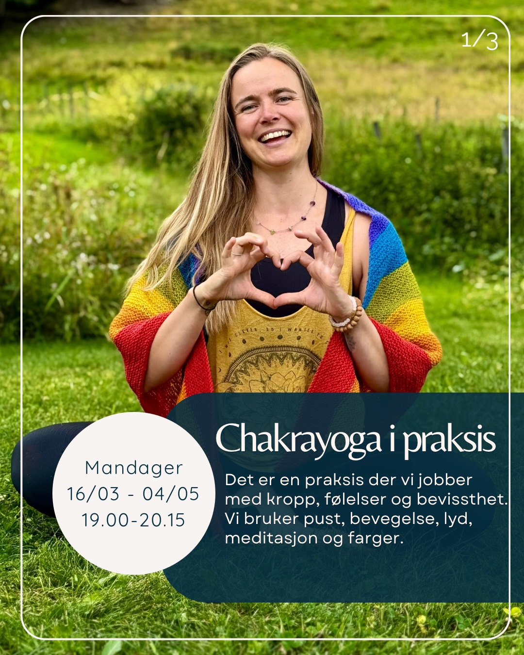 Hjertelig velkommen til Chakrayoga i praksis 🌈
Over 7 uker jobber vi oss gjennom de 7 chakraene - gjennom myk yoga, pust, mantra, meditasjon og farger.
Ukesforløp:
Rotchakra – 16/3
Sakralchakra – 23/3
Solar plexus – 6/4
Hjertechakra – 13/4
Halschakra – 20/4
Tredje øyet – 27/4
Kronechakra – 4/5
Dette er ikke bare yogatimer, men en reise gjennom ulike tema i livet: trygghet, følelser, vilje, kjærlighet, sannhet, intuisjon og tillit.
Med kjærlighet
Bergljot 💗
#yoga #chakra #meditasjon #pust #berglys