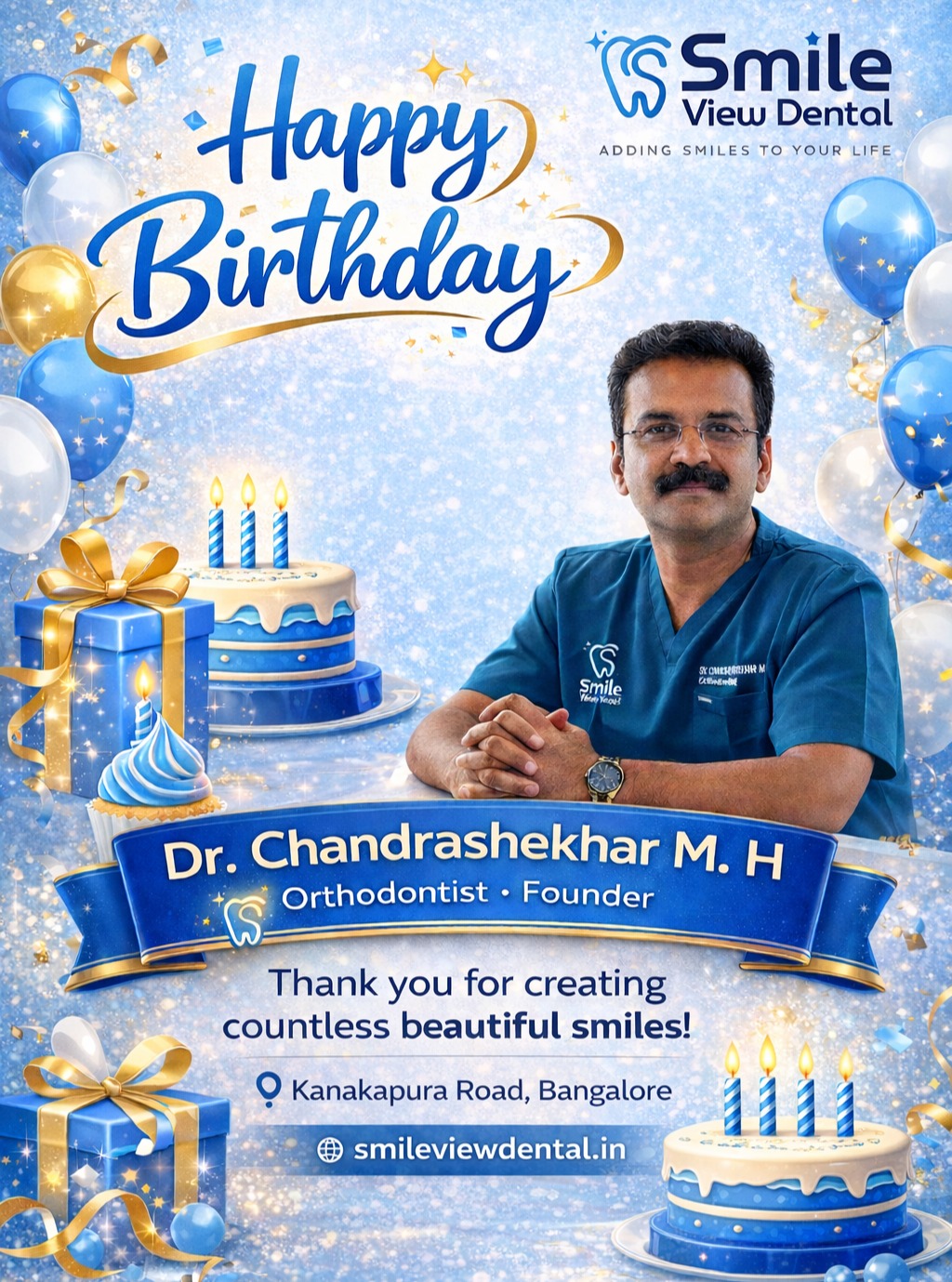Wishing a very Happy Birthday to Dr. Chandrashekhar M. H, the visionary behind Smile View Dental.
Your dedication, precision, and passion have helped create countless confident and beautiful smiles. Thank you for making a difference in so many lives every single day.
May your year ahead be filled with happiness, good health, and continued success.
Team Smile View Dental
Kanakapura Road, Bangalore
🌐 smileviewdental.in