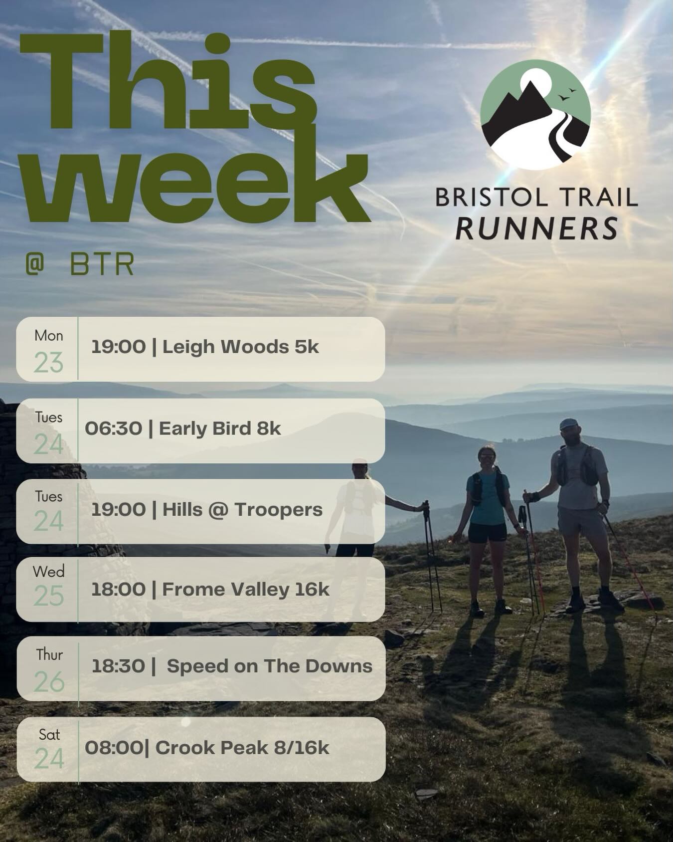 What’s happening this week 👇
Clocks go forward this weekend, lighter evenings are here, and it actually feels like spring has turned up.
🏞️ Mon 23 Mar – 19:00 | Leigh Woods 5-ish K
Easy miles to start the week. Nothing fancy — just a relaxed run on mixed terrain to loosen the legs and get out the door.
🌅 Tues 24 Mar – 06:30 | Early Bird 8K (Clifton)
Up early, get it done. Steady miles with a few hills to wake things up — finished before most people have checked their emails.
🔥 Tues 24 Mar – 19:00 | Hills at Troopers Hill
Our classic session. Short climbs, flowing descents, and plenty of encouragement. Tough in the moment, great afterwards.
🌿 Weds 25 Mar – 18:00 | Frome Valley 16K
Midweek trail miles through the valley. Steady pace, plenty of regrouping — good for building endurance and catching up with the crew.
💨 Thurs 26 Mar – 18:30 | Speed & Technique (The Downs)
Coached session focused on running well, not just fast. Then straight into Fake Friday at the pub.
🏔️ Sat 28 Mar – 08:00 | Crook Peak 8/16K
A Mendips classic. One loop or two depending on how you’re feeling. Steady climbs, big views, and a proper way to start the weekend.
Not part of the crew yet?
Start your free 7-day trial and come try a run with Bristol Trail Runners.