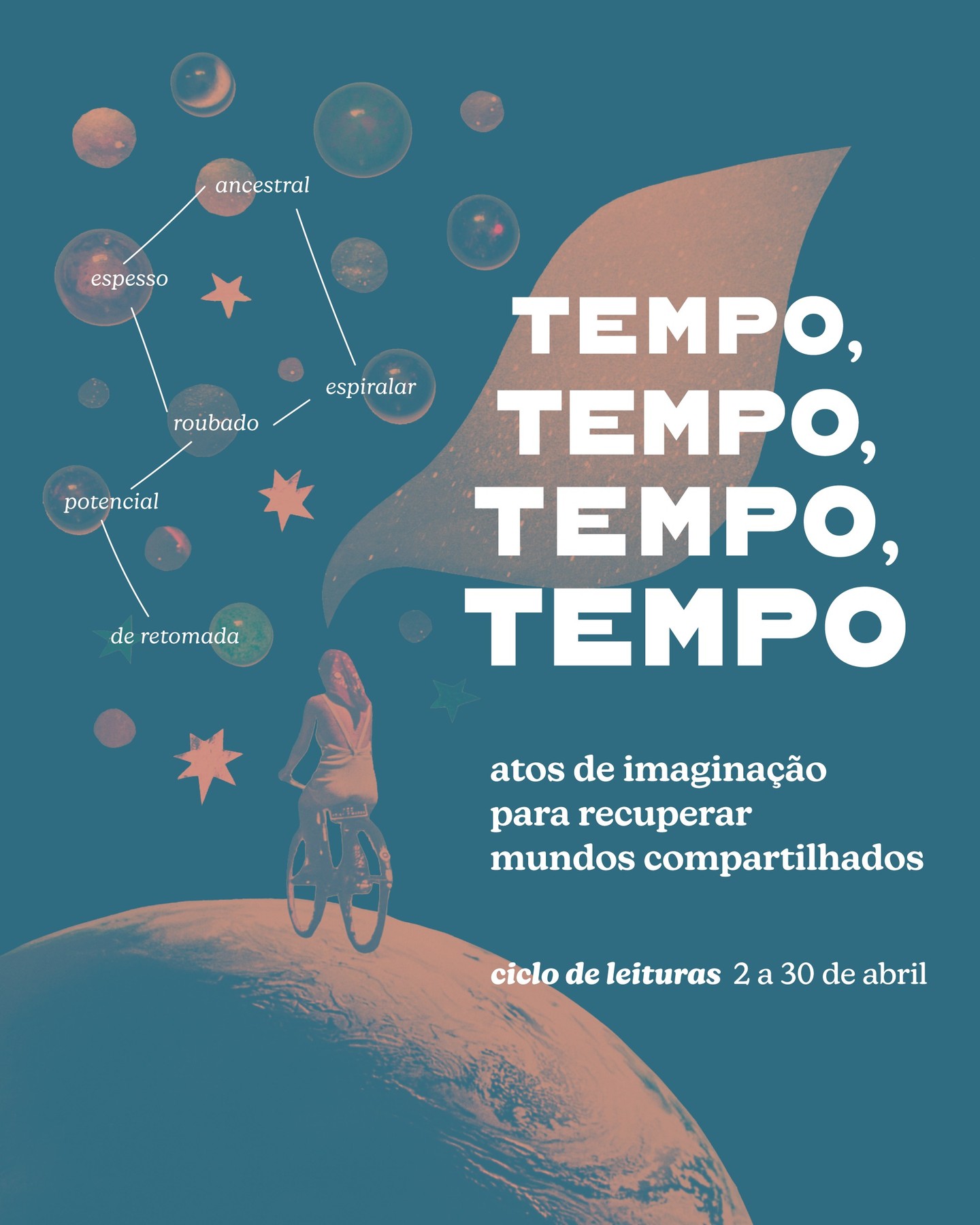 Neste ciclo de leituras, vamos dar alguns giros pelo tempo: seja ele ancestral, espesso, espiralar, de honrar os mortos, potencial, roubado, de retomada. Em quatro sessões online pensaremos sobre o tempo, tomando-o como performance de um corpo-tela e como ato de imaginação para recuperar mundos compartilhados. Passeando pelas palavras de Ailton Krenak, Elizabeth Povinelli, Truduá Dorrico, na primeira sessão; de Ariella Azoulay, Audre Lorde, Saidiya Hartman e Dionne Brand, no segundo encontro; de Donna Haraway e Vinciane Despret, no terceiro dia; e, por fim, de Leda Maria Martins, visitaremos tempos outros, sempre potenciais.
Para mais informações e inscrições, humusidades@gmail.com
.
.
.
colagem em papel e design por @isisdaou