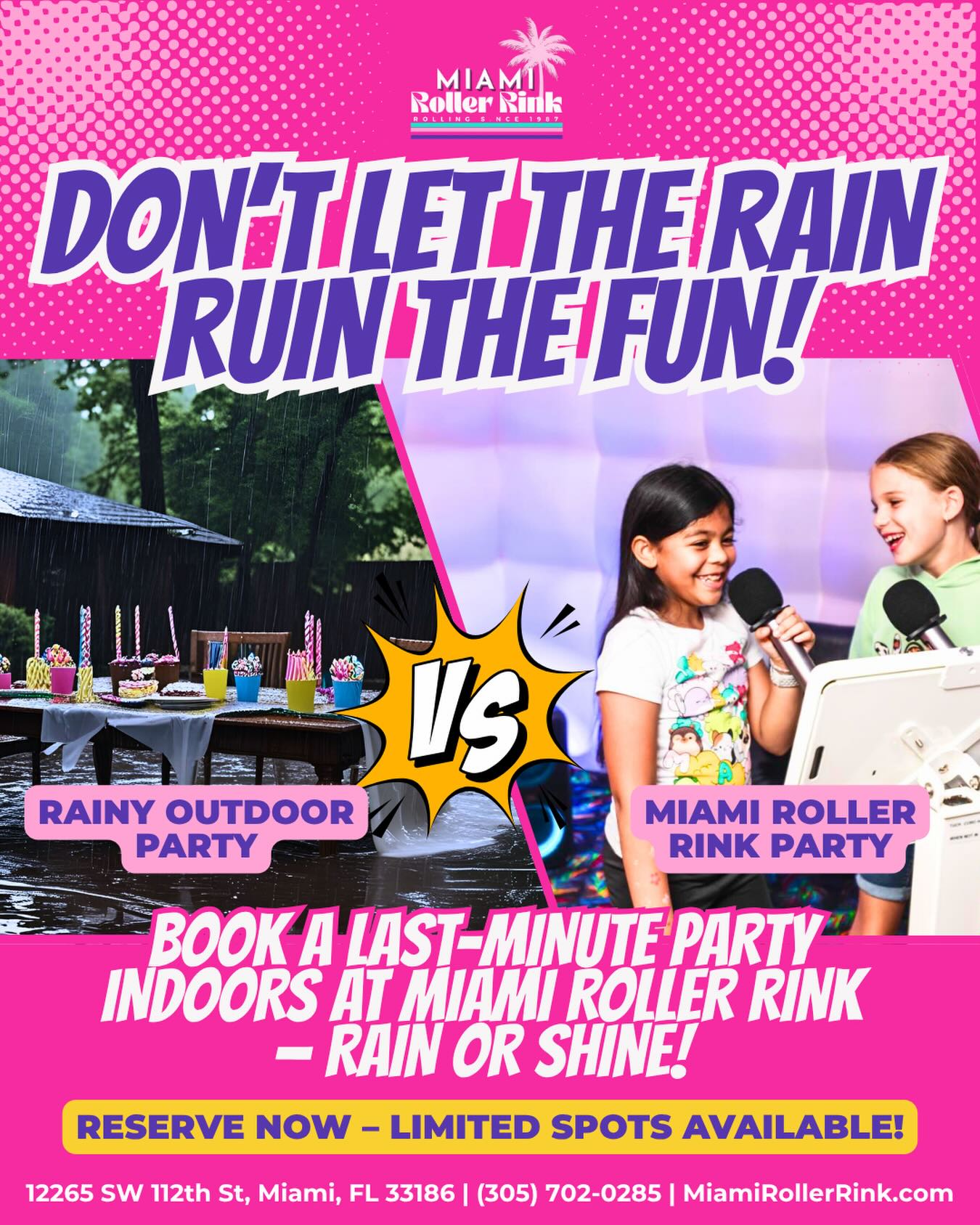 Last-minute party plans? Don't stress! Call our office and we'll do our best to help. We party rain or shine! 🎉 #miamirollerrink #rainorshine #partytime