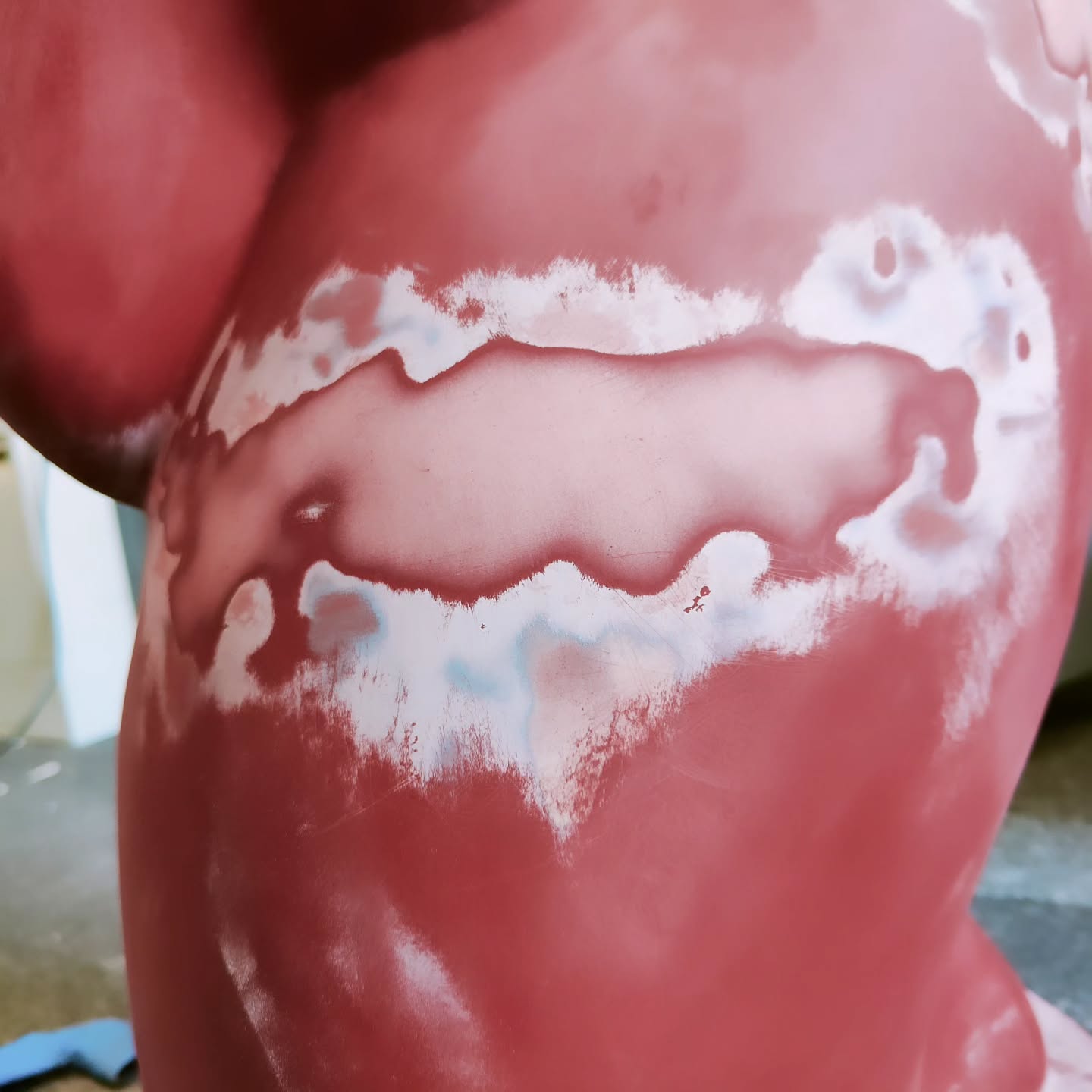 So royally off topic but... I really love the patterns and textures that come through when sanding and polishing a master model prior to moulding. I could get lost in this small section alone. Please say I'm not the only one?
The faces, animals, moons and textures that can be seen. What can you see?
Anywho... It's freezing up north. It's snowing and in an old mill. Less than ideal. Thank goodness for my duvet dungarees. I wouldn't be without them!