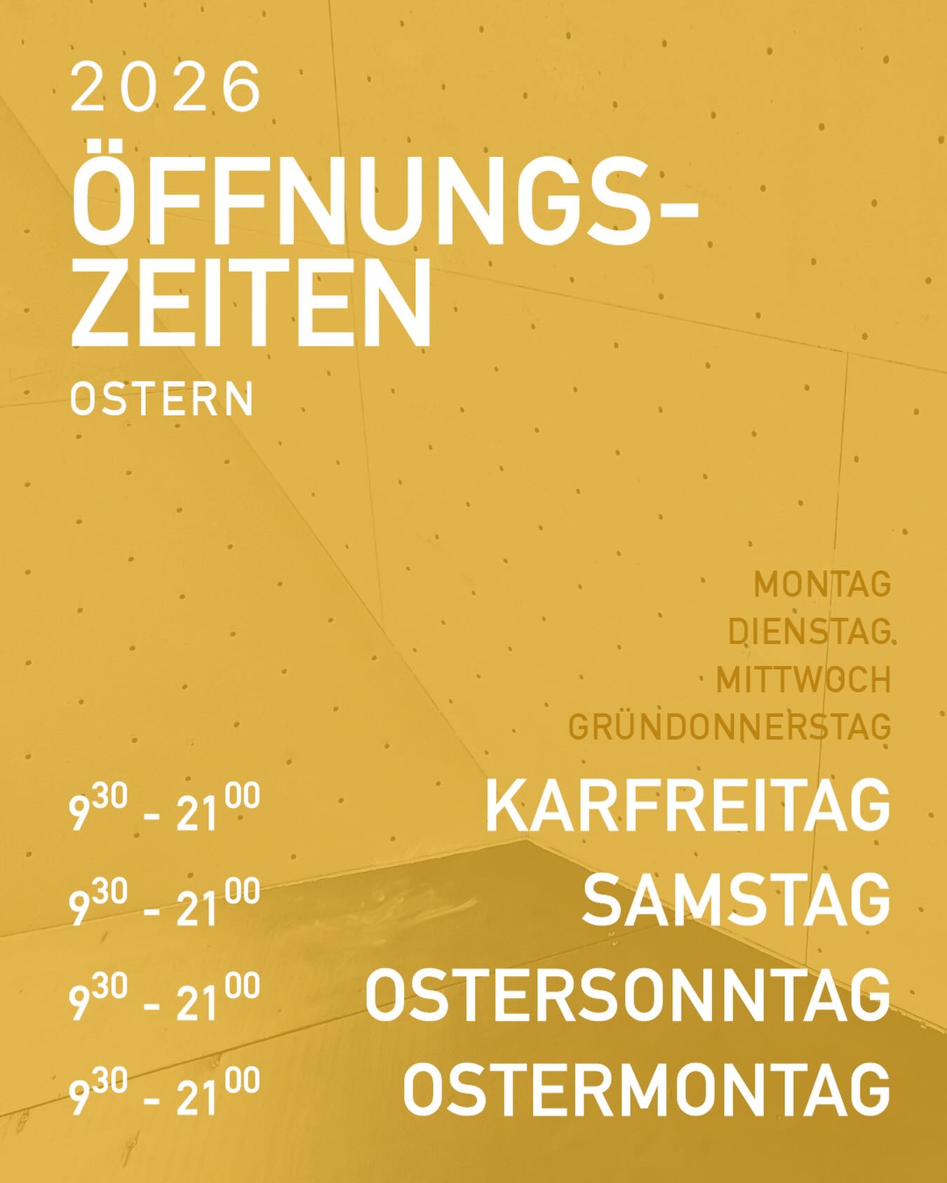 ÖFFNUNGSZEITEN Ostern
🐰 Wir haben über die Osterfeiertage wie gewohnt offen. Am Montag sogar früher als sonst (ab 9:30 anstatt 15:00).
⚒️ Ostermontag wird der Routenbau einmalig (aufgrund des Feiertages) pausiert und dafür auf den Dienstag verschoben.
#klettern #bouldern #fliegerhallebraunschweig #routesetting