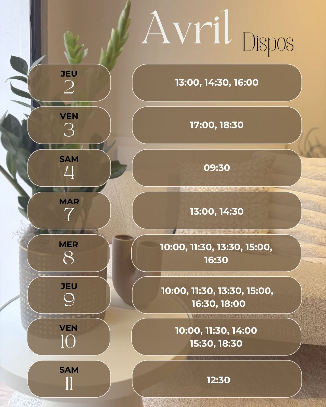 Le planning d’avril est ouvert 🌸
Offrez-vous une parenthèse de douceur, un moment rien que pour vous, pour relâcher le corps et apaiser l’esprit 💫
Laissez le temps ralentir… et reconnectez-vous à l’essentiel 🤍
📍24 rue Lesdiguières à Valence
📩 Réservation par mp ou au 06.25.40.63.12