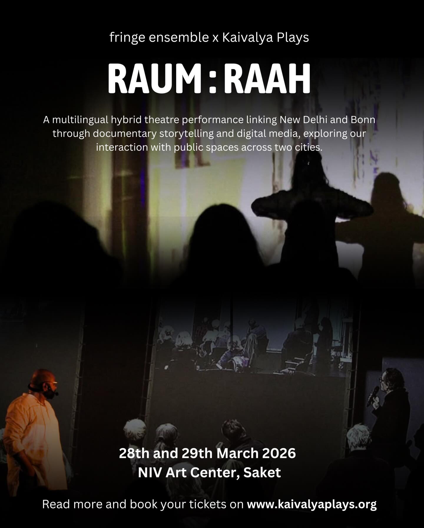 RAUM : RAAH returns this weekend, with two more shows exploring how we inhabit, observe, and move through public spaces across New Delhi and Bonn.
Built from real interviews and lived experiences, the performance uses documentary theatre, video, and digital media to trace the invisible rules that shape our everyday encounters—who sits, who waits, who passes, who belongs.
📅
Saturday, 28 March – 8:30 PM IST
Sunday, 29 March – 7:30 PM IST
⏱ 75 minutes
🗣 English | Hindi | German
📍 NIV Art Centre, Neb Sarai, New Delhi
🎟 Tickets: INR 99
🔗 Book now: www.kaivalyaplays.org (see link in bio)
Presented with the support of the International Coproduction Fund (Internationaler Koproduktionsfonds) of the Goethe-Institut, CCP Synergy program of the Institut für Auslandsbeziehungen and Federal City of Bonn.