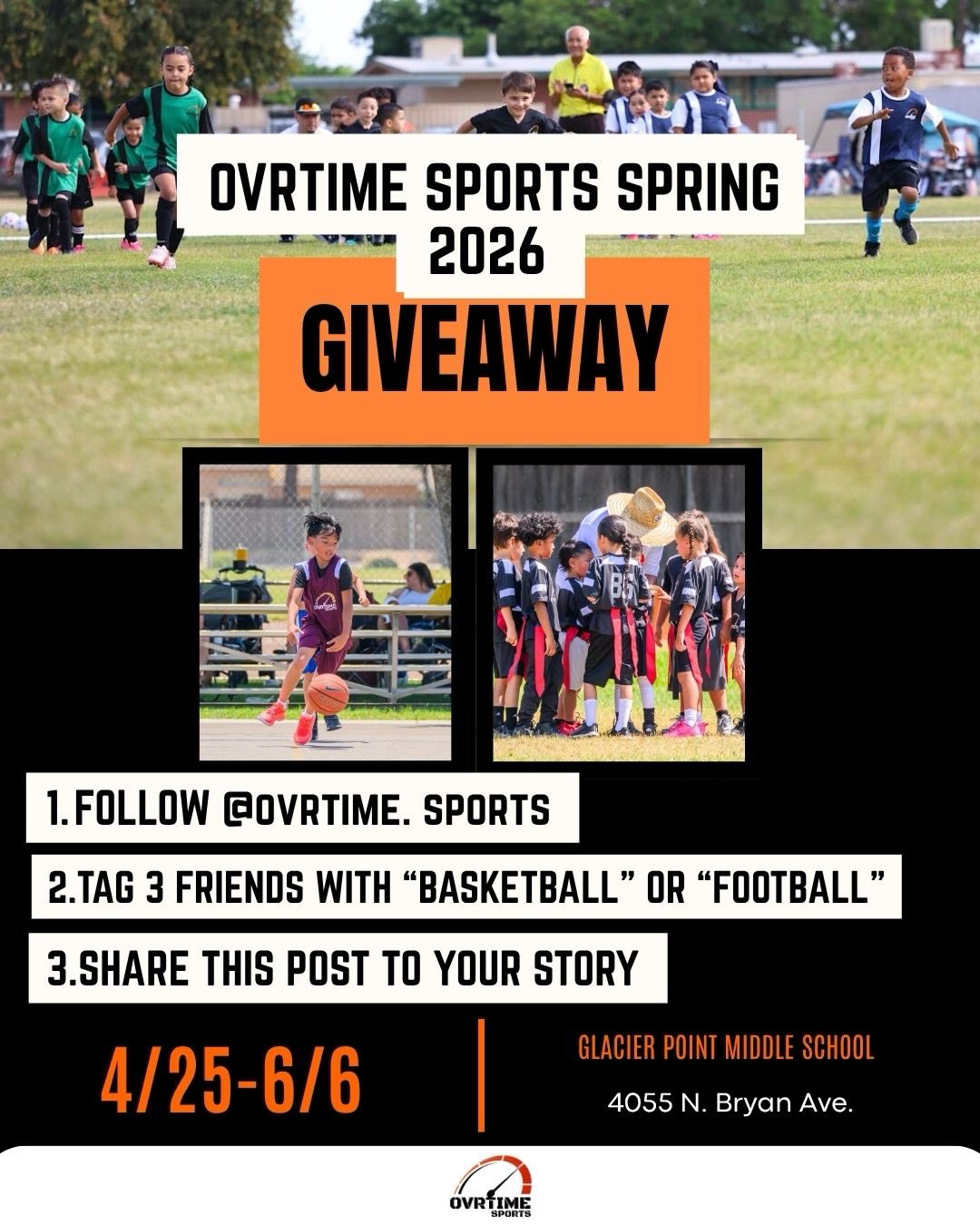 🏀🏈 We’re giving away 1 FREE Registration for Flag Football and Basketball,2 Total
To enter:
1.Follow us @ovrtime.sports
2. Tag 3 friends and Comment
“football” or “basketball” so we know which drawing to enter you in
3.Share this in your story
(Share our Spring Flyer pinned on our page for an extra entry) 🤞
Both winners will be announced Tuesday March 24th at 6pm 🙌 #giveaway #ovrtimesports