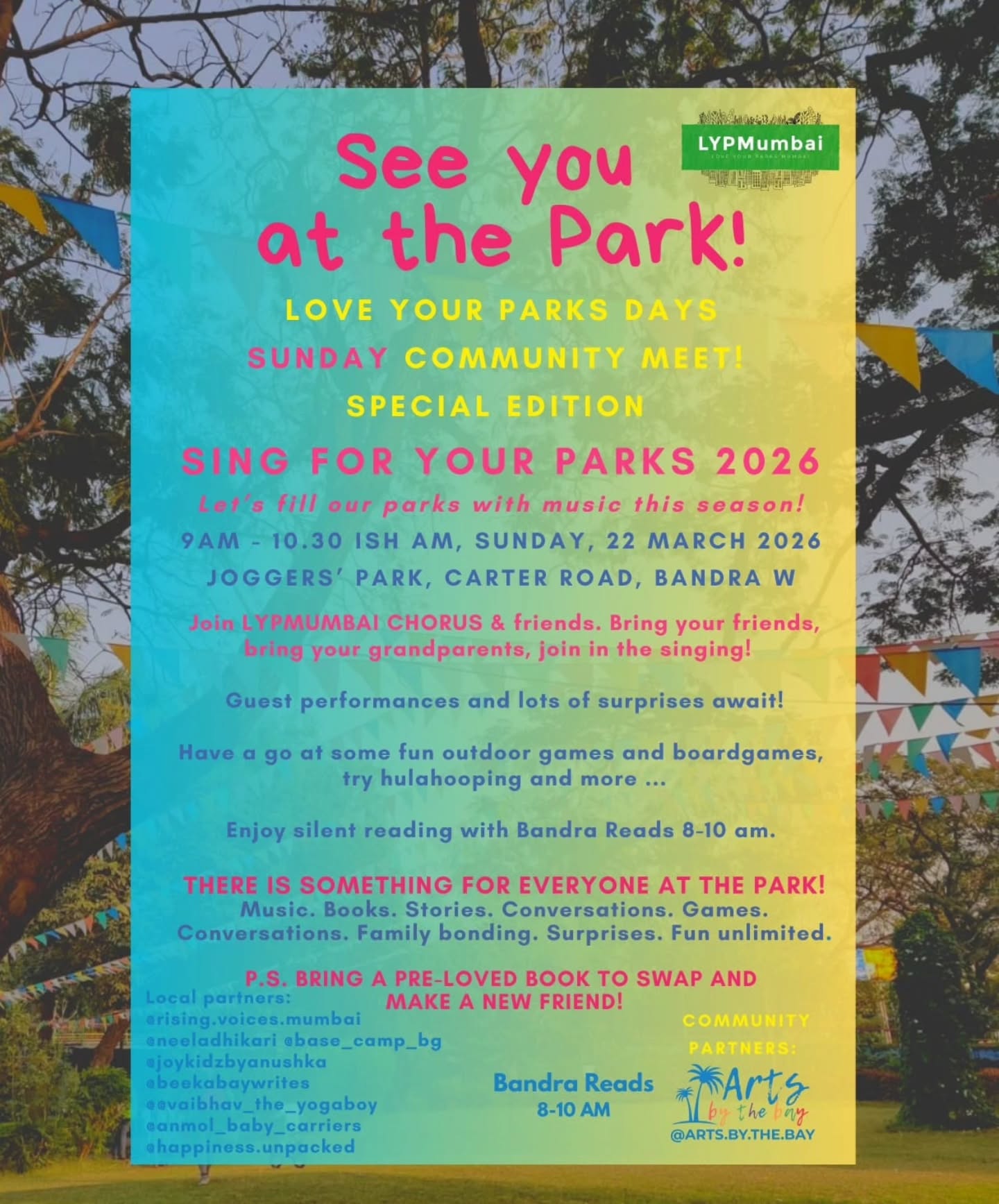 SingForYourParks is back!
LYPMumbai chorus and friends, let's go!
SAVE THE DATES:
Love Your Parks Mumbai invites you to a beautiful weekend:
SATURDAY, 21st March : Open rehearsal - community choir singing workshop
Free. Limited seats. More info and RSVP on www.lypmumbai.com (link in stories too)
SUNDAY, 22 March
Lots of fun for all ages, Free and open to all
Bting a book to swap, join us for outdoor games, fun boardgames and lots of masti!
Check posters for all info :)
LYPMumbai chorus brings us hope.
Choir director: Petra Misquita ft. Rising Voices
Music can change the world. And it's always better when we're together! Do you agree?
Tag someone who should sing/ hang out with us!
Join us as we fill our parks with music this season!
#loveyourparksmumbai #loveyourparksdays
#singforyourparks